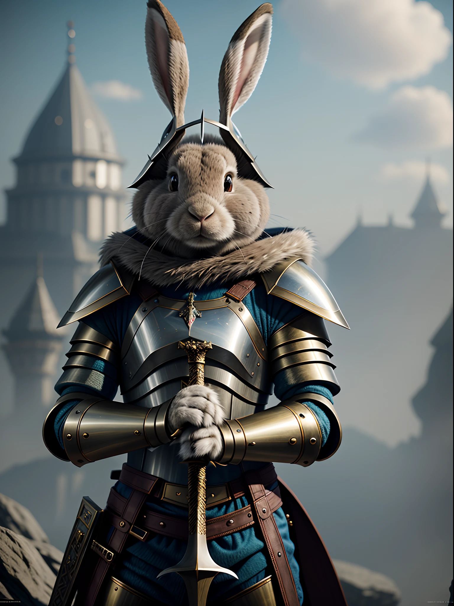 Close up of a rabbit in armor holding a sword, rabbit warrior, bunny with helmet and sword, Anthropomorphic rabbit, rabbt_Character, cute anthropomorphic bunny, wojtek fus, Fur armor, Rabbit, Adam Marczyński, in bunny suits, hyperrealistic fantasy art, Wearing intricate fur armor, ​masterpiece, top-quality, in 8K , intricate detailes, ultra-detailliert , light Particle