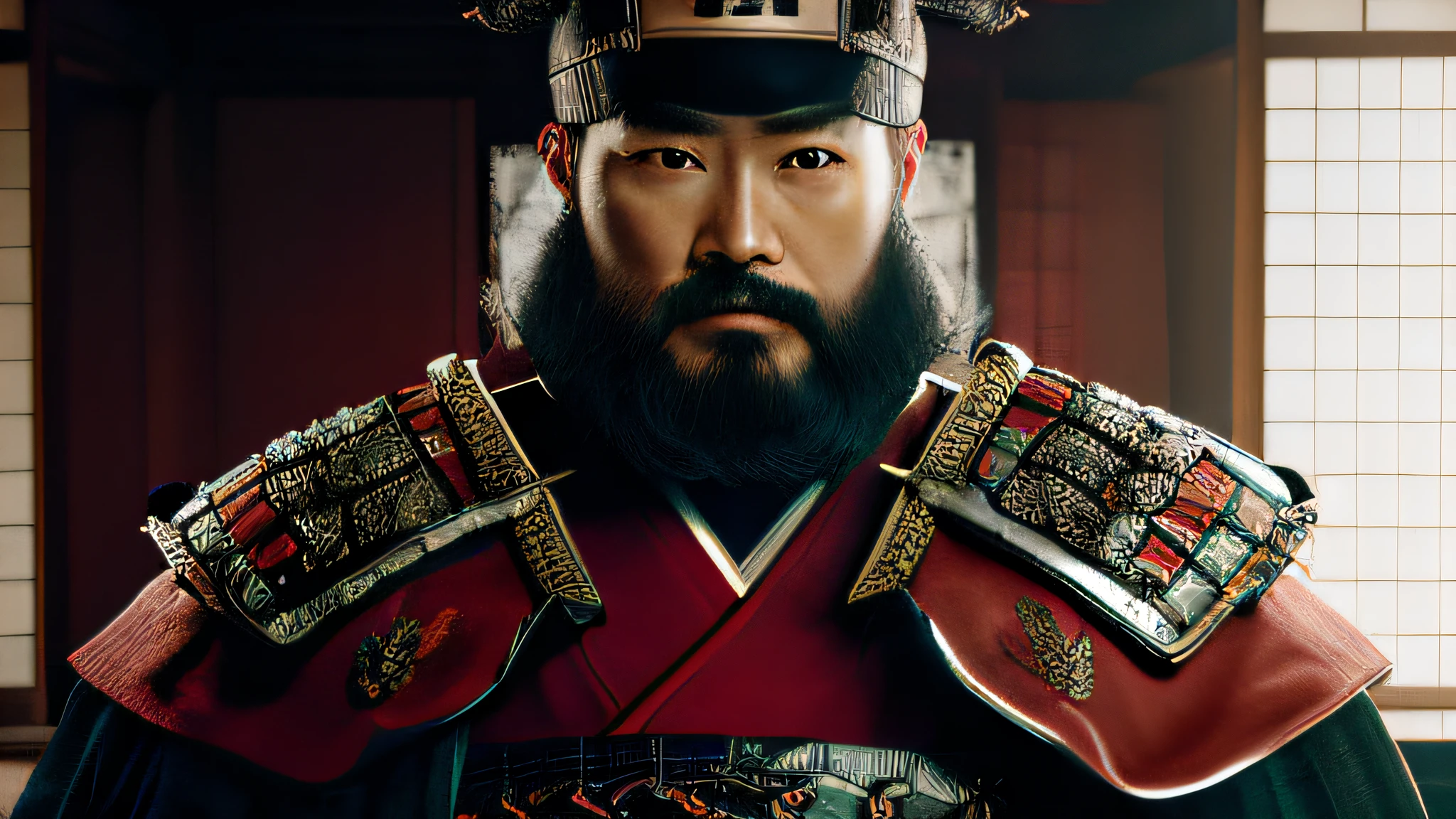 Japanese male samurai, Classic Samurai, elmo, Velho com barba, forte, pose de luta, Espada japonesa, Sakuras voando por, vermelho, portanto, Branco. best quality, 8k, master part.