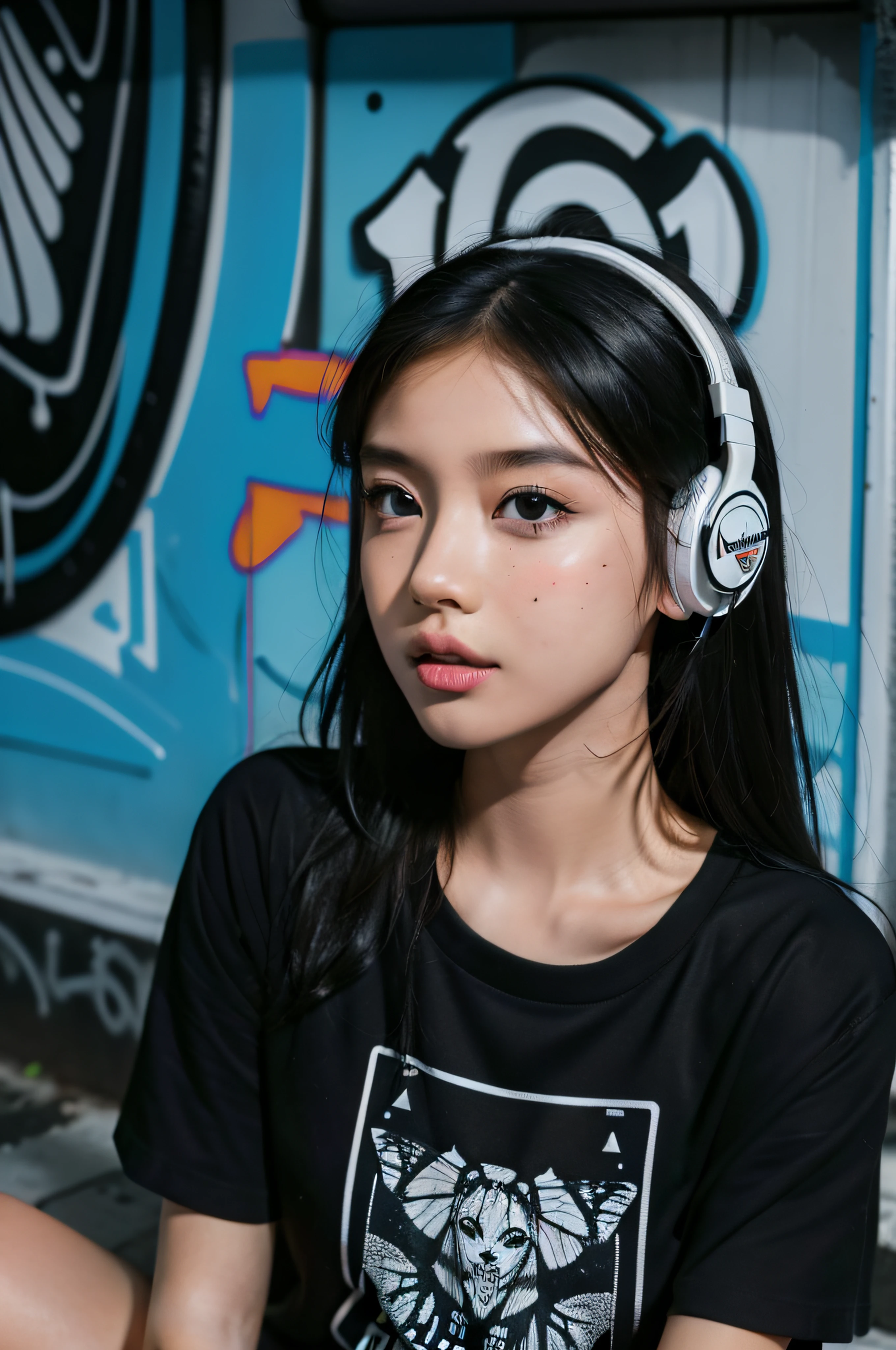 (Ultra detailed), (Best Quality) (Highly detailed face), (8k), (graffiti wall background), solo, 1 girl, black headphones, graphic t-shirt of butterflies, (streetwear), (street fashion), (sitting on stairs), (fish eye lens zoom), (aesthetic pose),