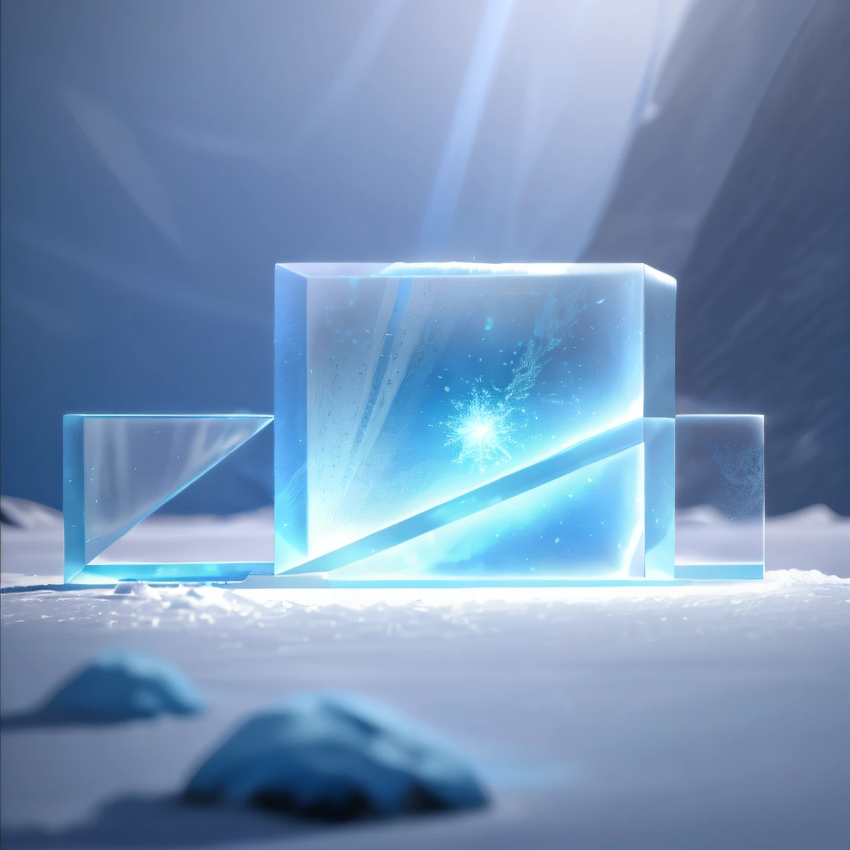 Close-up of a three-dimensional blue ice sculpture building on a snow-covered background, everything is made out of ice, There is ice fog，Made of ice, glinting particles of ice,  with ice powers, frozen time effect, c 4 d style, enso, deviantart eka's portal, c 4 d ", icy, icey, unreal-engine