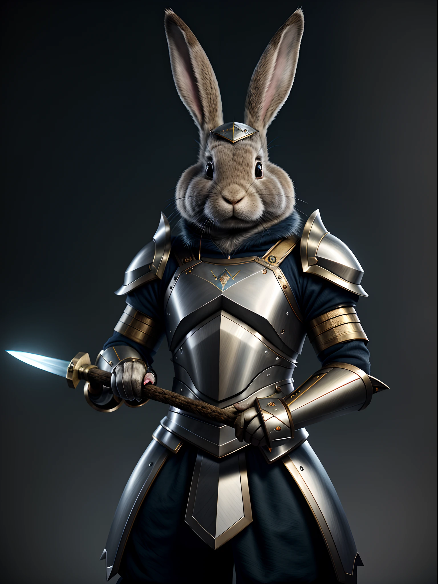 Close up of a rabbit in armor holding a sword, rabbit warrior, bunny with helmet and sword, Anthropomorphic rabbit, rabbt_Character, cute anthropomorphic bunny, wojtek fus, Fur armor, Rabbit, Adam Marczyński, in bunny suits, hyperrealistic fantasy art, Wearing intricate fur armor, ​masterpiece, top-quality, in 8K , intricate detailes, ultra-detailliert , light Particle