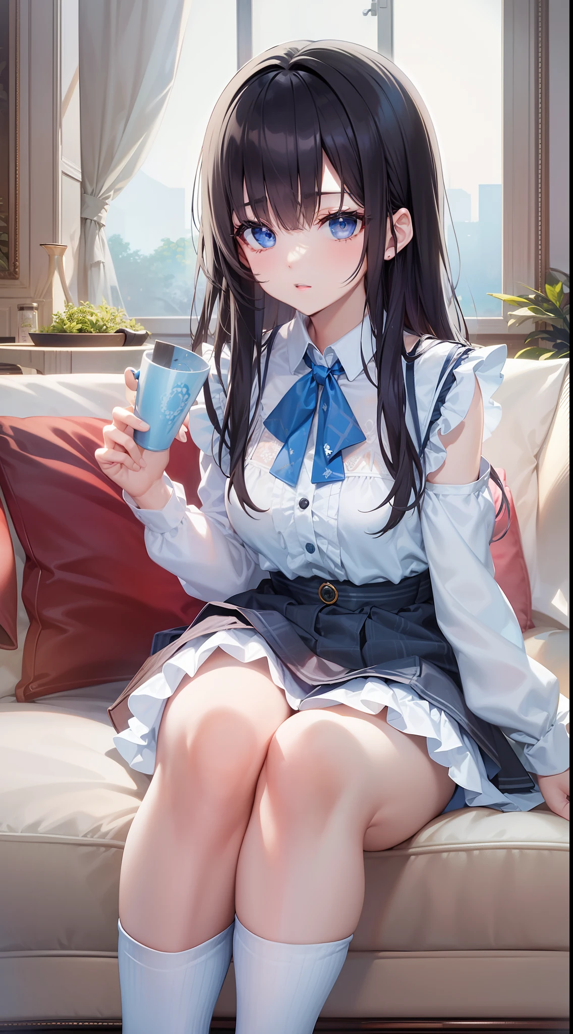 top-quality、high-level image quality、a beauty girl、Loose bob hair with black hair、Crisp blue eyes、long lashes、light skinned、slightly bigger breasts、Sleeveless blouse with white ruffles、a blue skirt、knee high socks、Sitting on the couch、Stylish interior
