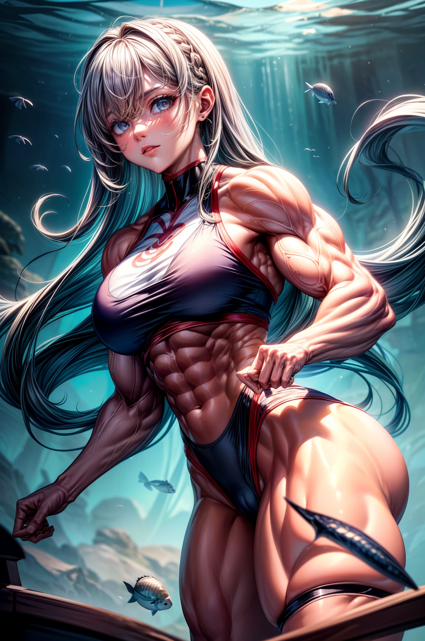 (BEST lighting) , (ultra intricately detailed) , 4K unification, (super-detailed CG: 1.2) , (8K: 1.2),(Original), (Masterpiece) , (Best quality),(Masterpiece:1.4),Anime-ish high quality,(Masterpiece),Masterpiece, Super clear picture quality，Clearer than movies，（Fine face）Best quality, absurderes,((masterpeace, 4K, 8K, Yes, A high resolution))1girll, schoolgirls，She's at the bottom of the sea，Ten strong abs，standing on your feet,Exposing the abdomen， Crop topping,There are bulges of dense veins on the arms，Spring,  Perfect figure, Long silver hair, Blue pupils，Swimming fish，Dynamic pose,Legs exposed，Strong leg muscles ((body builder:1.5)),reef，Reef background，Coral colonies,(Beautiful bace),(Girl),(Female),(((Upper body:1)))