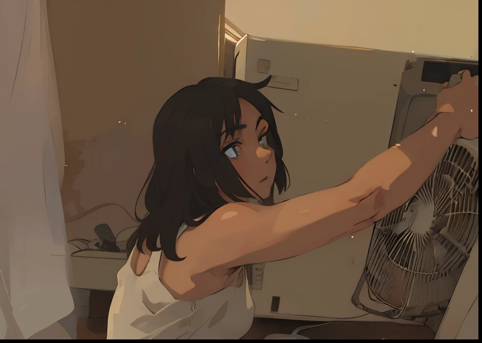 Men with long black hair, Wear a gray tank top..............., Air conditioner repair Original photo, sharp, 10, Determined eyes, Fix the air conditioner, Warm backlight, 10, Anime Pictures, lustful eyes, gaze., glossy, Frontal correction,
