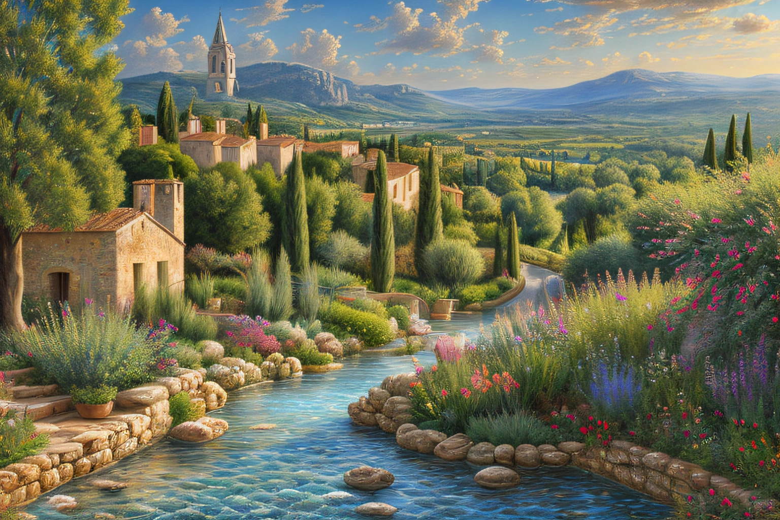 Provencal landscape, eau, (Extremely detailed CG Unit 8k wallpaper), World's most beautiful work of art, Professional majestic oil painting, complexe, High detail, mise au point nette, dramatique, Photorealistic painting art