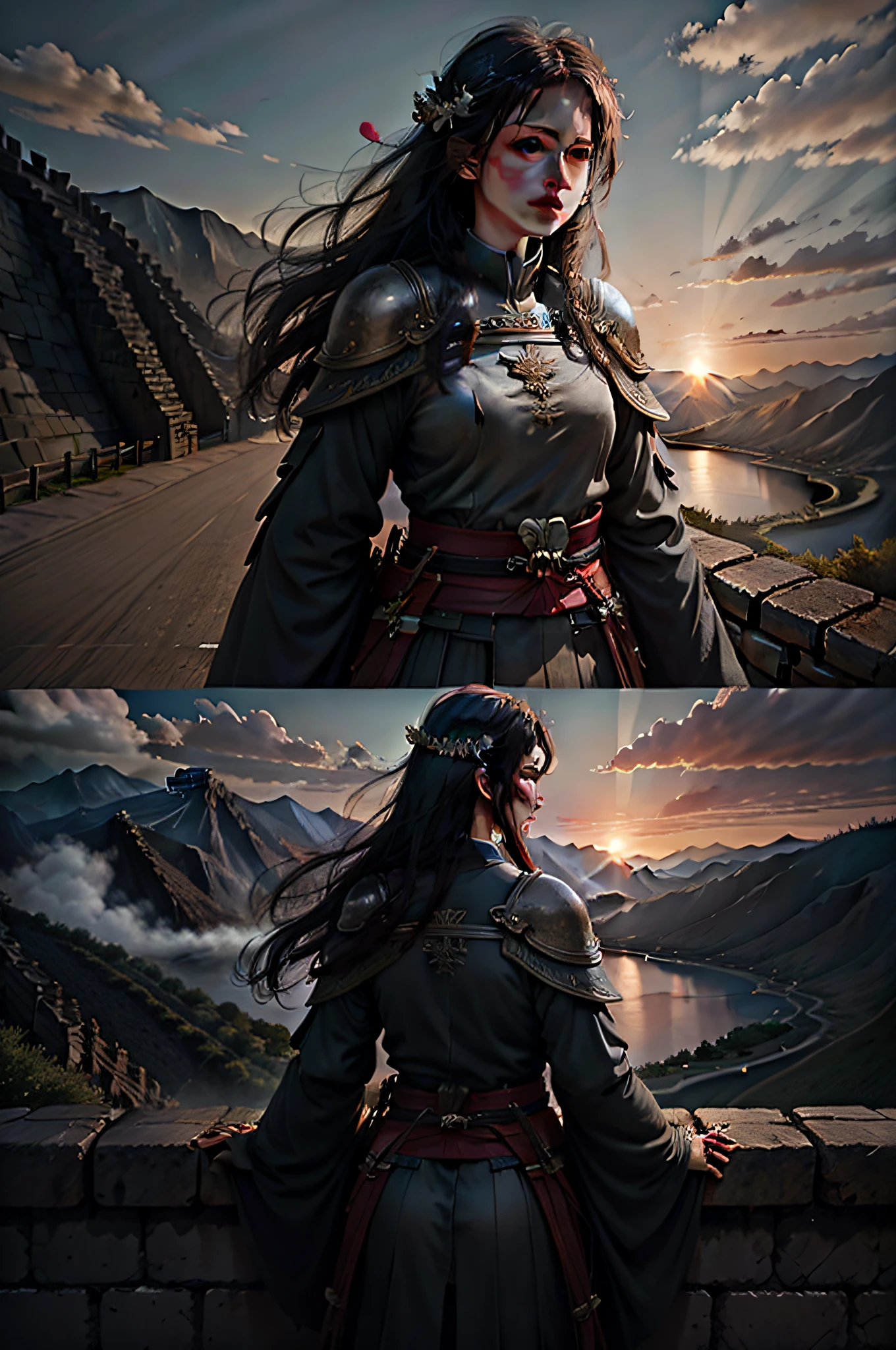 holding a longsword,the great wall,Gorgeous sunset,Mysterious clouds。