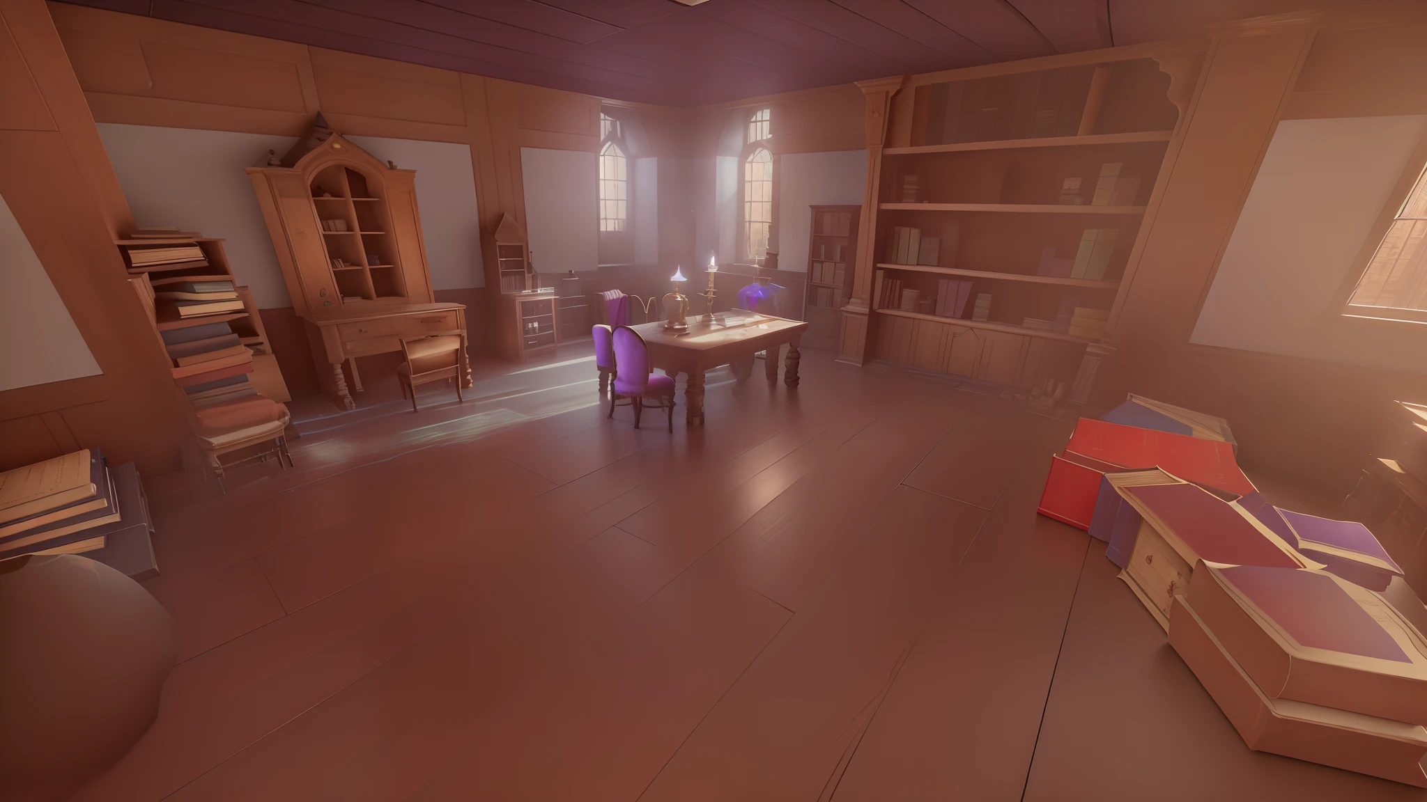 There is a room with a lot of books and desks, dusty library, Background of the Alchemist Library, gloomy library, Setting Up Magic Lab, Brewing potions in the witch's hut, In the portion shop, Inside an old magic shop, Wizards Laboratory, fantasy alchemist laboratory, small library, Fantasy Potion Bender Interior, MAGIC LIBRARY, Render in Unity 3D, castle library