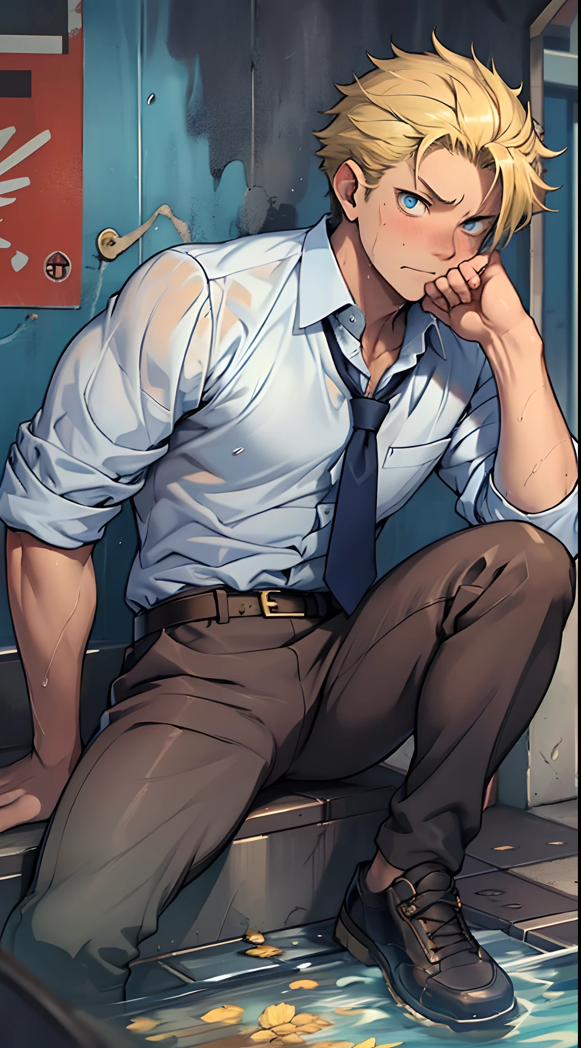 (1 Adult male),A high resolution, Sharp focus, Pixiv masterpiece, ((Complicated details)), highly detailed, natsuki_subaru, 1 man,perfect male figure,Urine on the trouser leg, Nervously bow your head,is shy,embarressed,exhilarated,is shocked,panicking,worry,A pool of urine formed around him,Very eager to pee,Unbearable,Wet yourself,Urine discharge,full bodyesbian,sit astride,Tired,decadent, blue color eyes(eyes glowing), Short yellow hair,white shirt,Wear a tie,Wear a belt,trousers,perspire,Drenched,Get wet,pissing,urine flows down the pants,look from down
