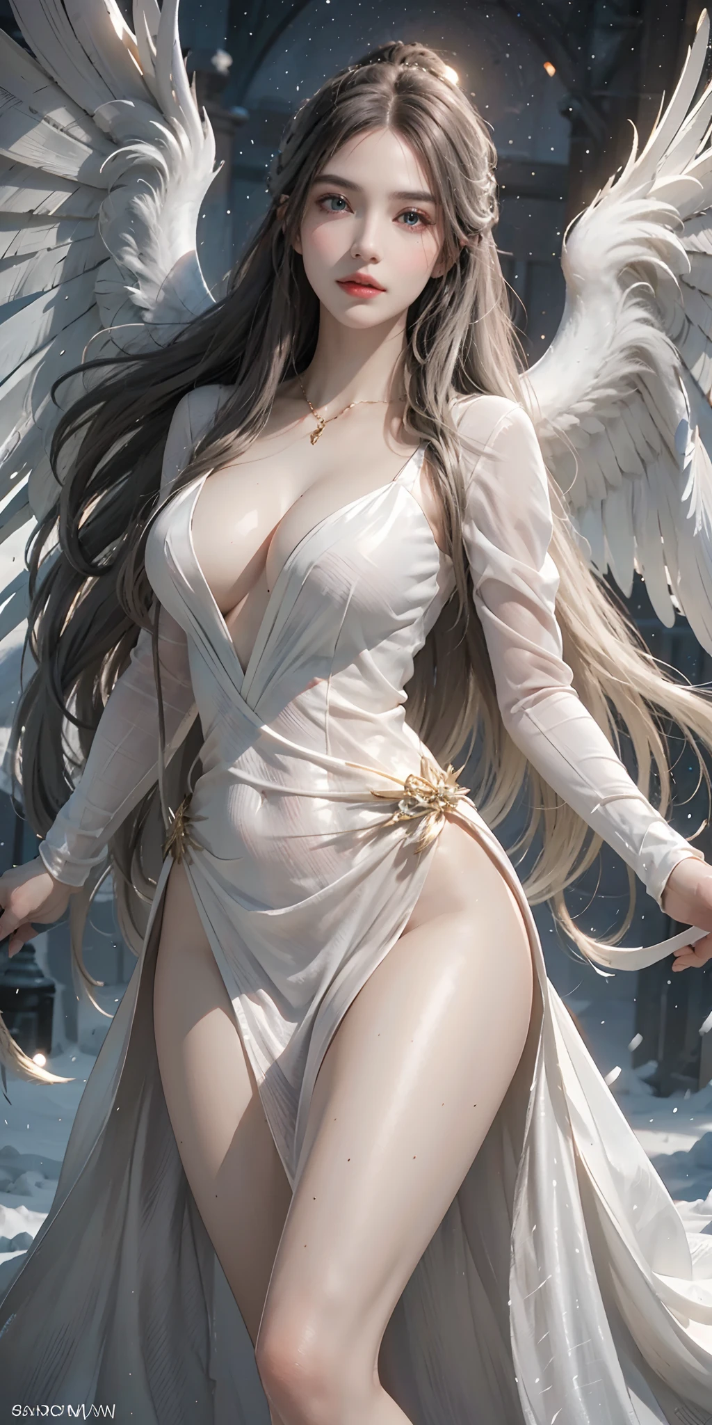(masterpiece, best quality, photorealistic, highly detailed, octane render, unreal engine, 8k HD, hyper-detailed, realistic skin texture, best quality, ultra high res, raw photo, dramatic lighting, unreal engine, diffuse glow, dynamic pose), A female archangel with beautiful features would likely have striking, ethereal looks that would inspire awe and wonder in anyone who beheld her. She might have piercing blue or green eyes that seemed to glow with an inner light, framed by long lashes that brushed against her delicate cheekbones. Her skin might be porcelain pale, with a soft, rosy blush that highlighted her high cheekbones.
Her hair might be long and flowing, with strands of gold or silver that shimmered like starlight in the sun. It might be styled in intricate braids or loose waves that cascaded down her back, or perhaps pulled back into an elegant updo that showcased her graceful neck.
Her wings would be magnificent, with feathers as white as snow and shimmering with an otherworldly light. They might be large and imposing, giving her an aura of power and majesty, or perhaps delicate and intricate, reflecting her refined and elegant nature.
In short, a female archangel with beautiful features would be a vision of divine beauty, radiating grace, power, and wonder in all who beheld her