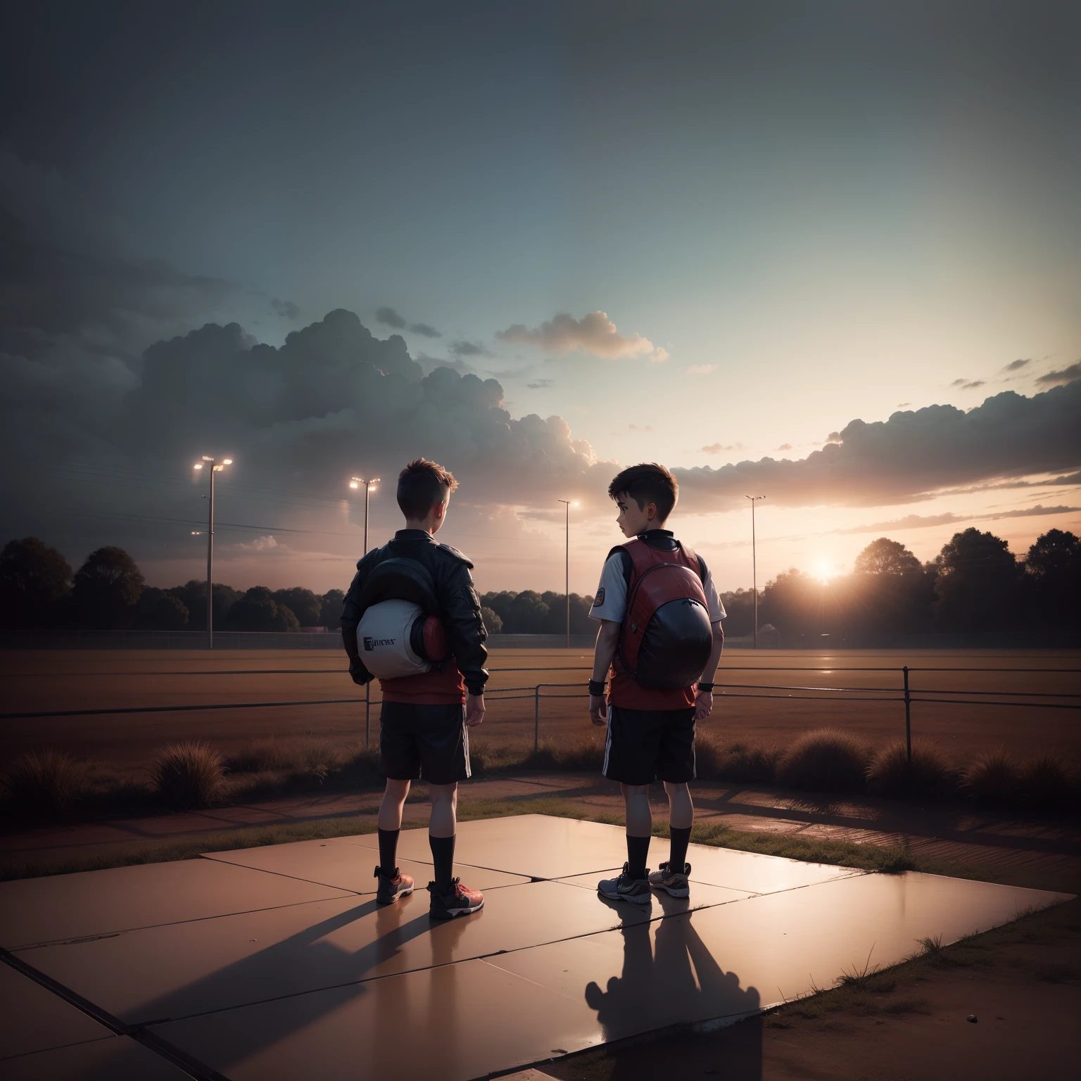 One ground, 2 boy are fighting, they have a heavy wepon, bloody sky. Dark filter