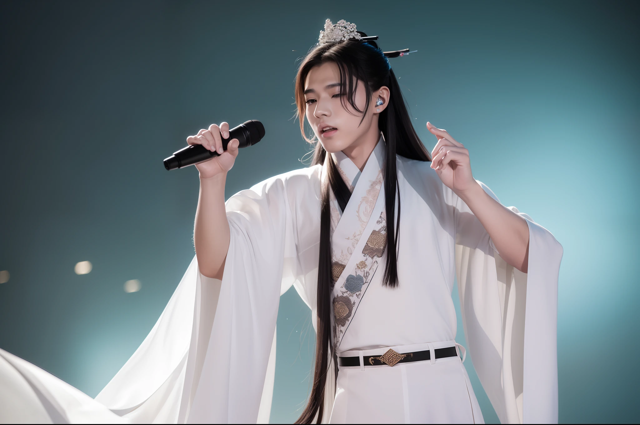 Young male idol singer singing informally in front of a small audience of fans, he sings a capella, no microphone, dressed in white hanfu, long black hair, old chinese hairstyle. Fans in modern clothing. Cinematic lighting.