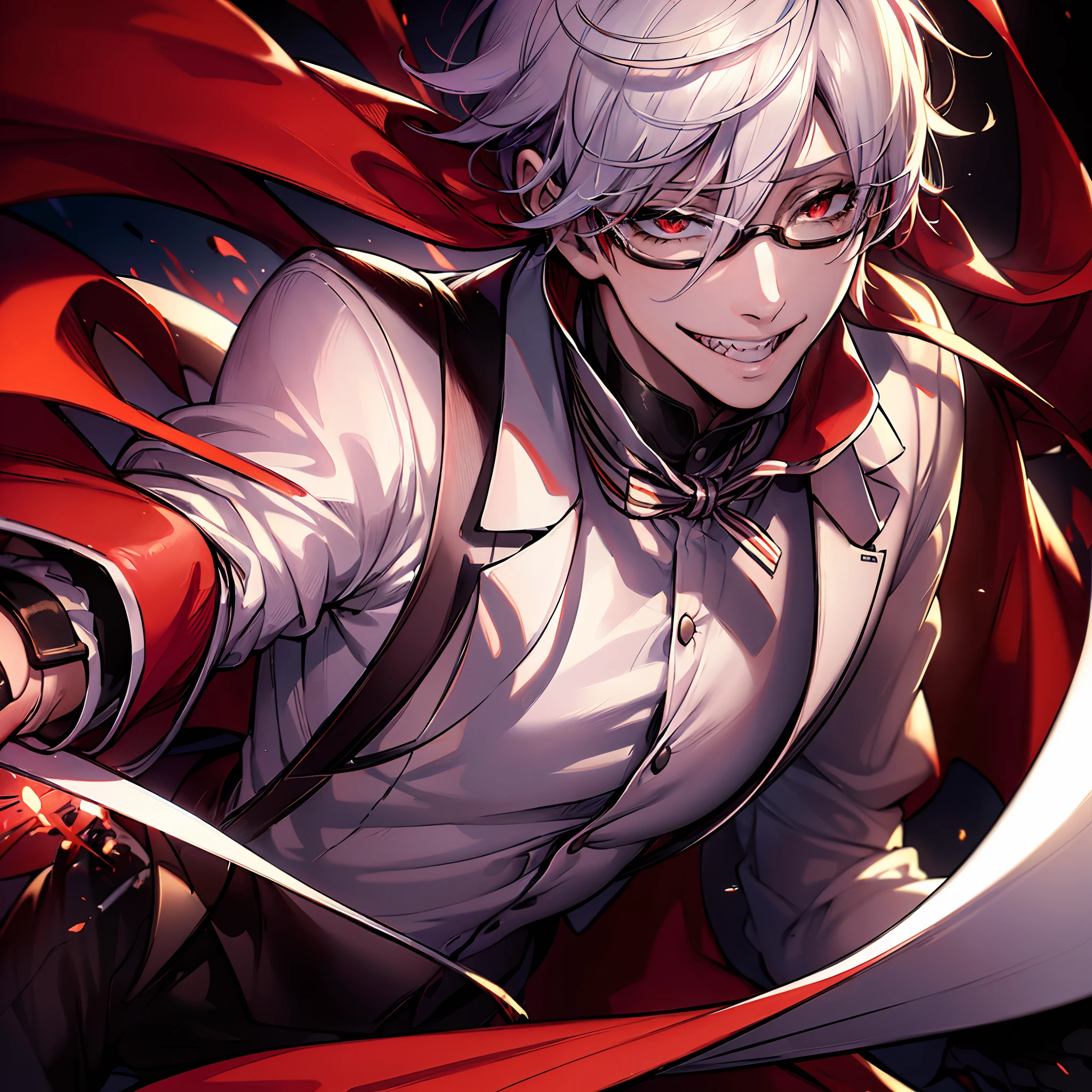 (8k wallpaper:1.2),(Ultra-high resolution:1.2),(masterpiece:1.1),wallpaper,High quality,masterpiece,(High detail), solo, 1boy,  white hair,red eyes, short hair, tuxedo, light smile, absolutely stunning art, extremely detailed