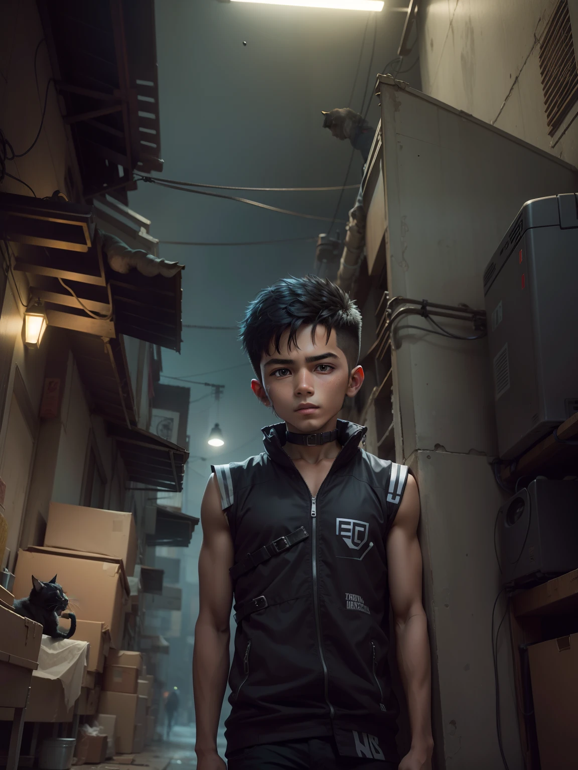 Change background ciberpunk handsome boy with cat