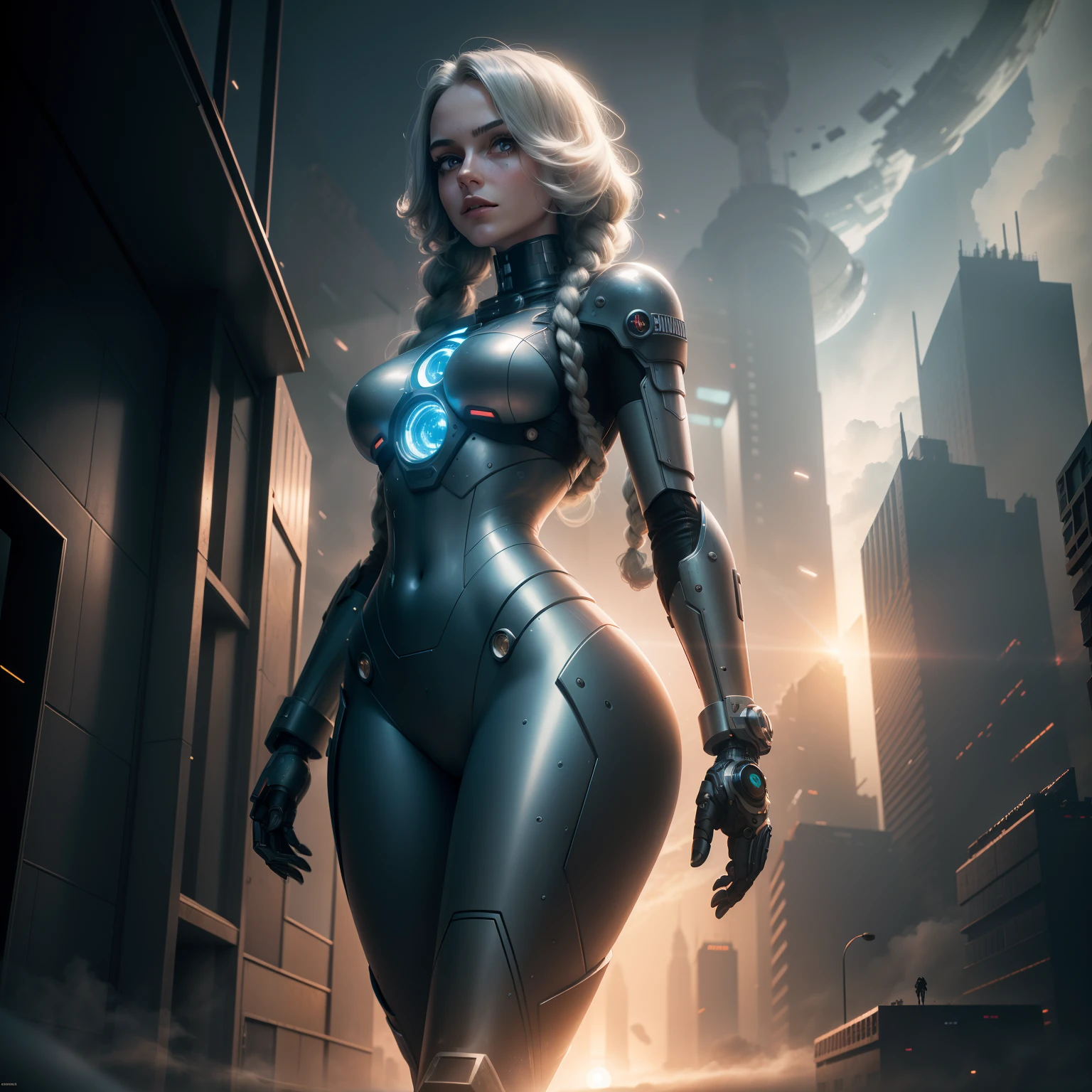 (Full shot: 1.4) Photograph of a robotic woman on the Moon, masterpiece, (realism: 1.4), best quality, beautiful light, braided hairstyle, light tracking, space background, (very detailed background, busy background: 0.8), Earth in the background, clear focus, volumetric fog, 8k UHD, dslr, high definition, film particles, photo realism, lomography, in (huge metropolis in a future dystopia) ia), seen from below, translucent (HDR): 1.2, March