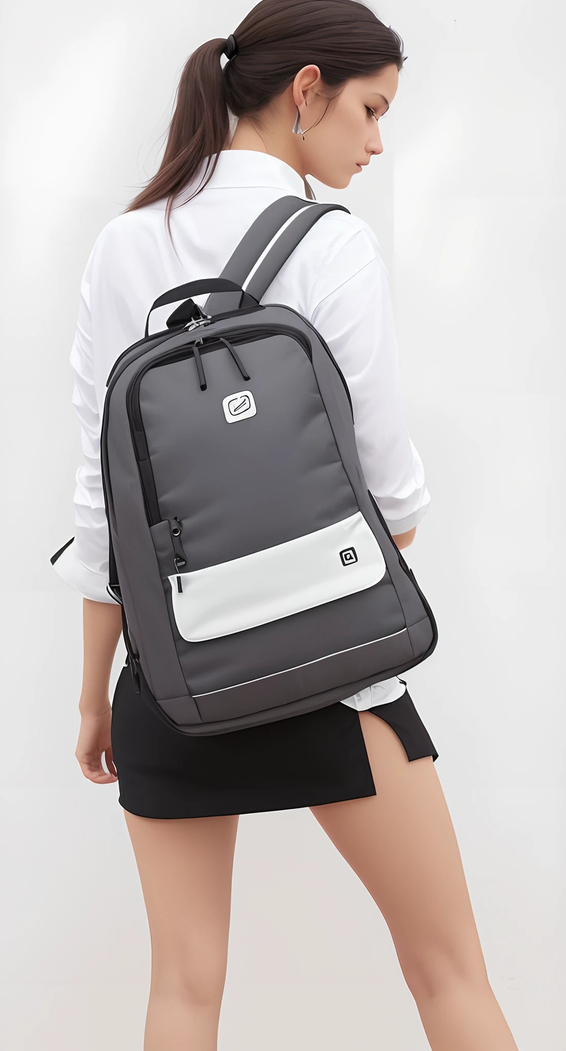 A woman in a white shirt and black skirt is carrying a backpack, mochila, uma mochila, com uma mochila, mochila escolar, com dois bolsos frontais, mochila quadrada, Sacos, Acentos foscos, bolo', solid ash, bonito enorme bolsos hardware, tela cinza, dois - tom, detalhes sutis, Fotografia de paisagem, um homem usando uma mochila, medium details, sharpened details