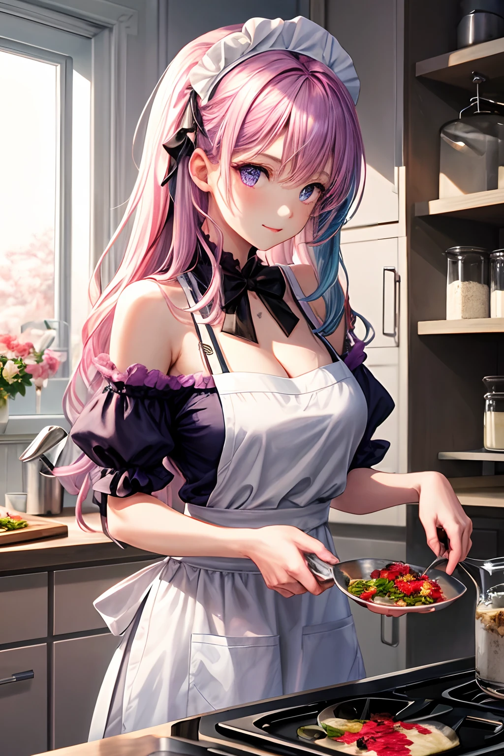 a girl in white apron is cooking in kitchen, pink and blue hair, very long hair, purple eyes, bare shoulders, cleavage, bow, cherry petals on the dish, milk in the measuring cup
