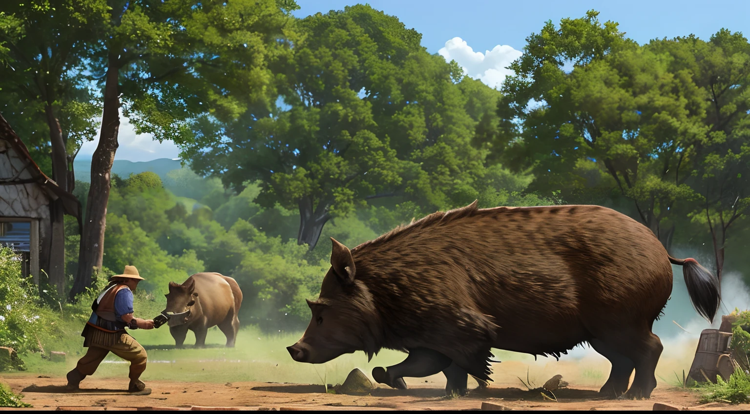 A 50-year-old man, battle against a huge brown boar, in a village. The man uses a tree-falling axe. There is only one boar. The boar is three times bigger than the man. They battle. There are villagers watching the battle.