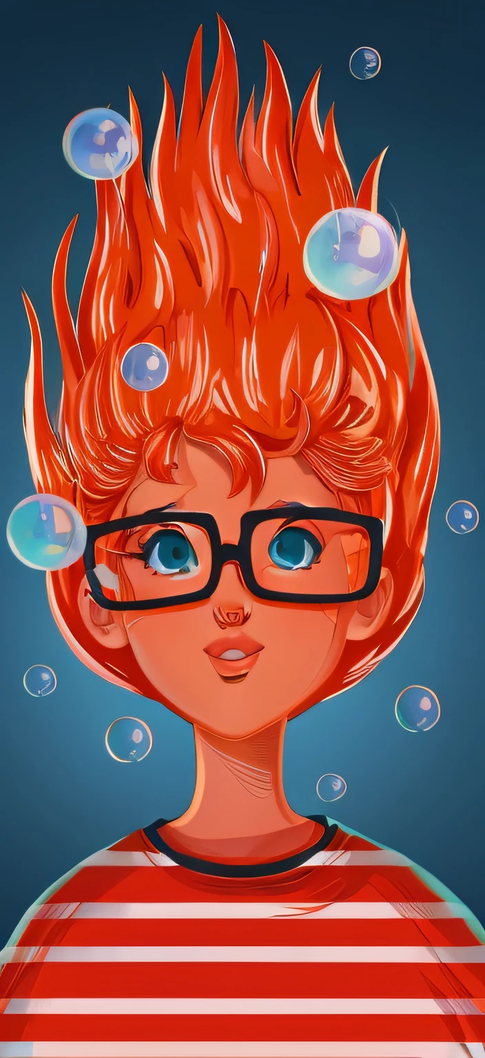 Cartoon girl with red hair and glasses blowing bubbles, Cartoon Pixar style, fire hair, Pixar portrait, stylized portrait, character portrait of me, orange head, pixar cartoon style, Stylized digital illustration, nerd man character portrait, Pixar artstyle, cartoon portrait of, Character illustration, flaming hair, closeup character portrait, Digital illustration, pixar character design, 2 d illustration