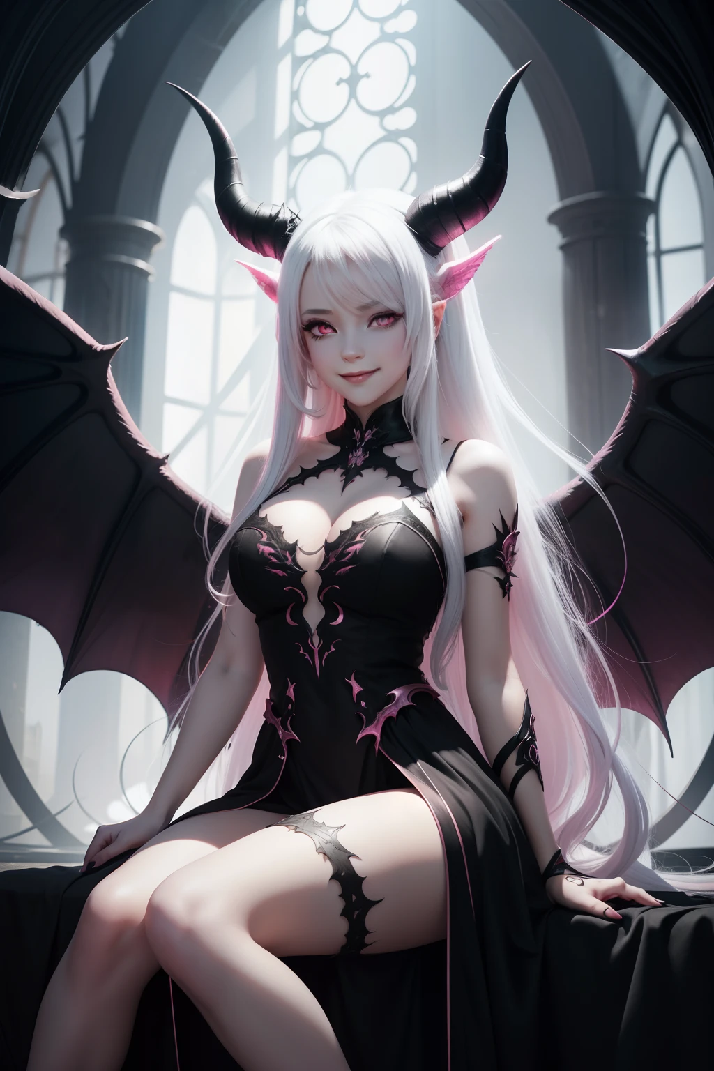 illustratio，Animated fantasy artwork，1 demon girl，long  white hair，Black horns，a pink eyes，Smiles and seductive expressions，Demon's wings，black long dress，A half body，Sit Pose，cinematric light，Pisif，tmasterpiece，best qualtiy，extremely detaile，8K
