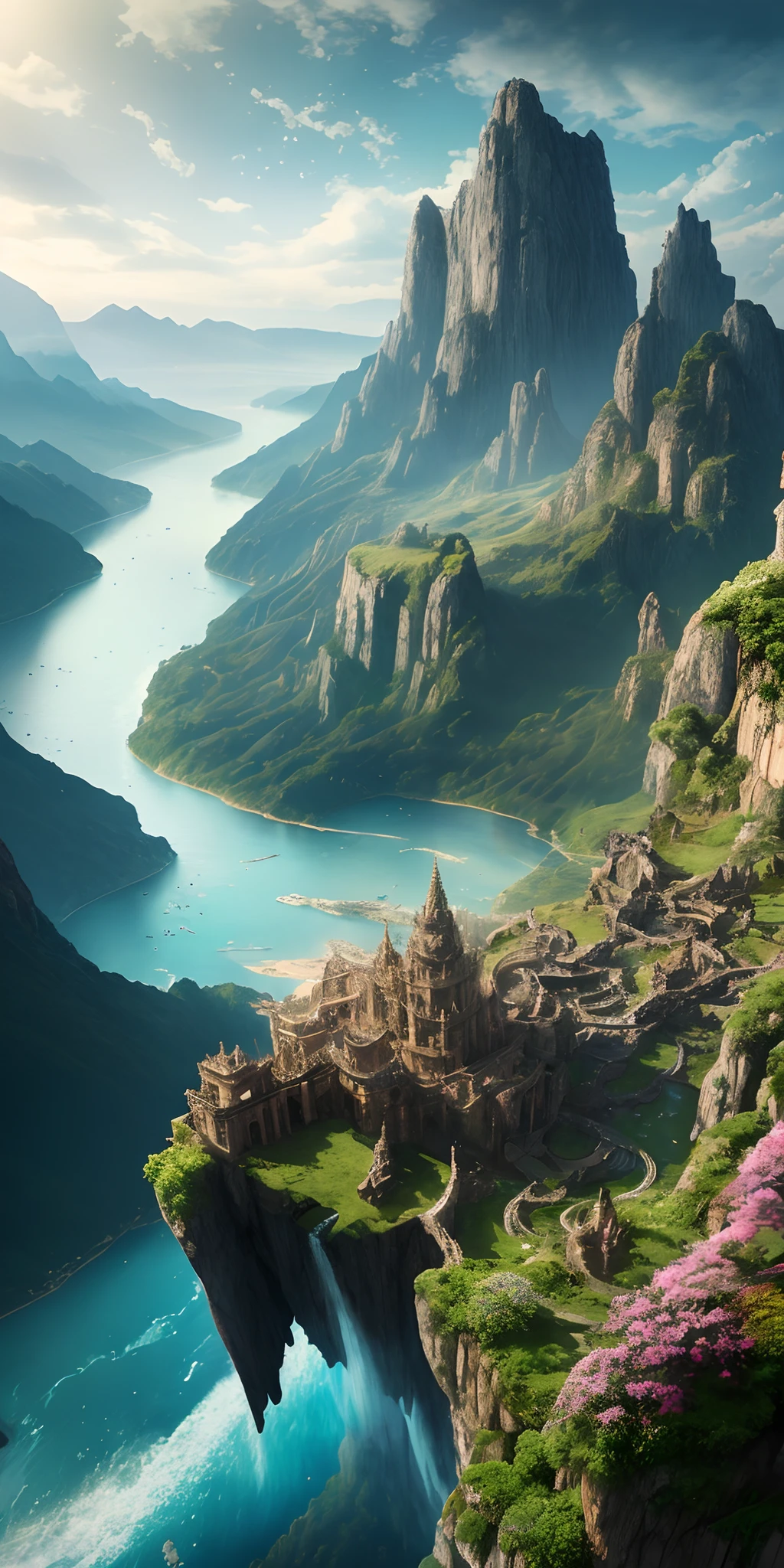 Masterpiece, best quality, high quality, extremely detailed CG unity 8k wallpaper, landscape, outdoor, sky, clouds, sky, no humans, mountain, landscape, water, tree, blue sky, waterfall, cliff, nature, lake, river , cloudy skies, award winning photography, bokeh, depth of field, HDR, bloom, chromatic aberration, photorealism, very detailed, trending on artstation, trending on CGsociety, intricate, high detail, dramatic, half way art
