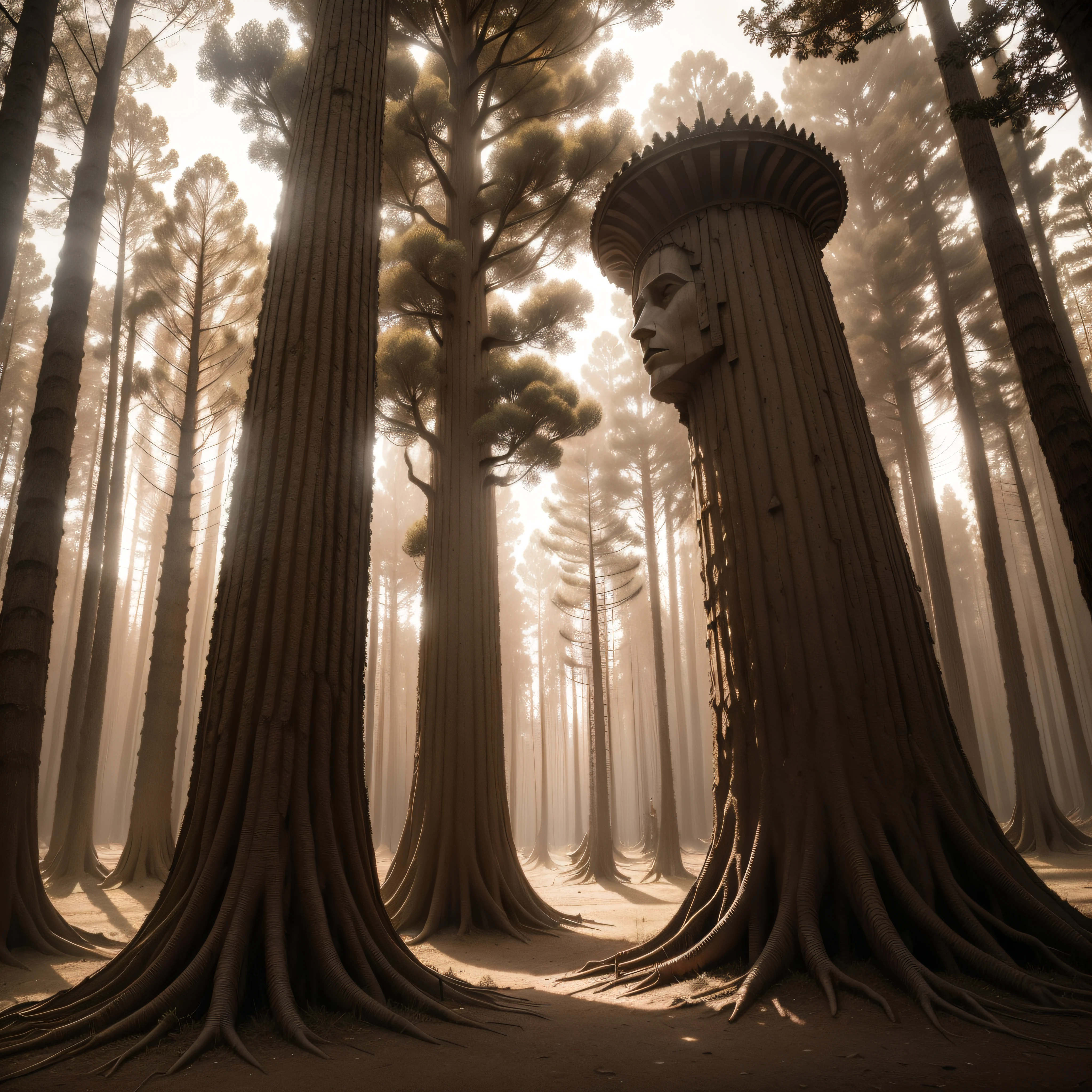 (extremadamente detallado, obra maestra, La mejor calidad, Tono sepia) bosque enorme, Trees with a human face, ruinas. Daytime Lighting.