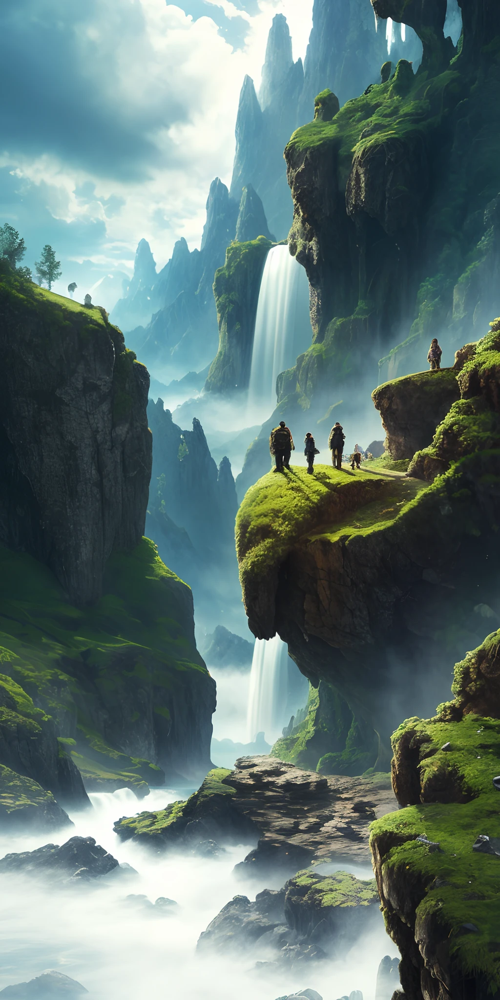 Masterpiece, best quality, high quality, extremely detailed CG unity 8k wallpaper, landscape, outdoor, sky, clouds, sky, no humans, mountain, landscape, water, tree, blue sky, waterfall, cliff, nature, lake, river , cloudy skies, award winning photography, bokeh, depth of field, HDR, bloom, chromatic aberration, photorealism, very detailed, trending on artstation, trending on CGsociety, intricate, high detail, dramatic, half way art