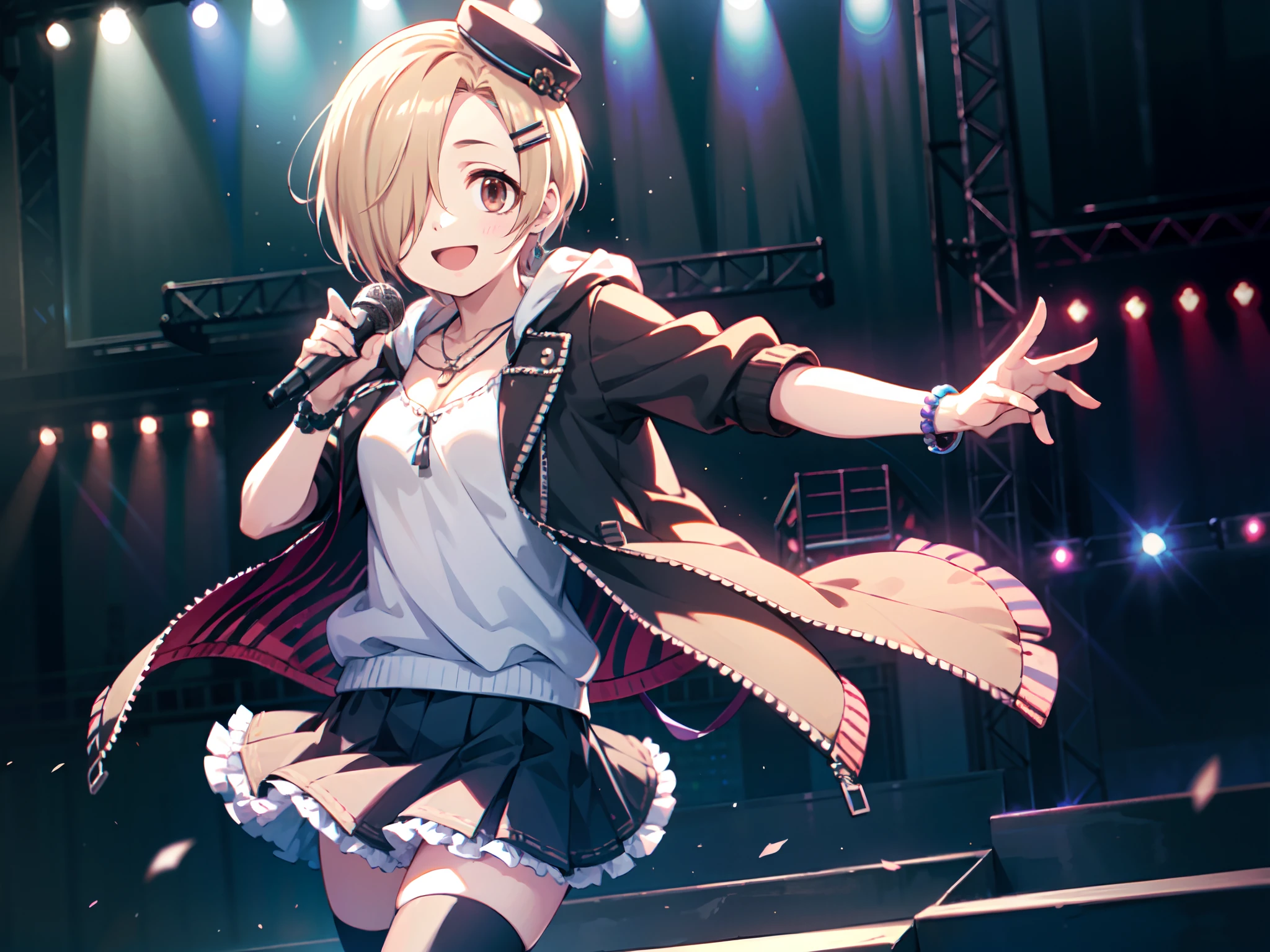 (masterpiece:1.3), (high-resolution, RAW,realistic:1.2), (best quality:1.2), (soft light:1.0) BREAK
shirasaka koume, (1girl, solo),
smile, short hair, blonde hair, brown eyes,
skirt, hair ornament, thighhighs, hat,  jewelry, jacket, white shirt, short sleeves, :d, frills, open clothes, shoes, hairclip, striped, hood, necklace, hair over one eye, bracelet, open jacket, hoodie, hood down, frilled skirt, 
(on the stage, (holding microphone:1.3), sing),
highest quality, realistic lighting, light particles, intricate (high detail:1.3), masterpiece,