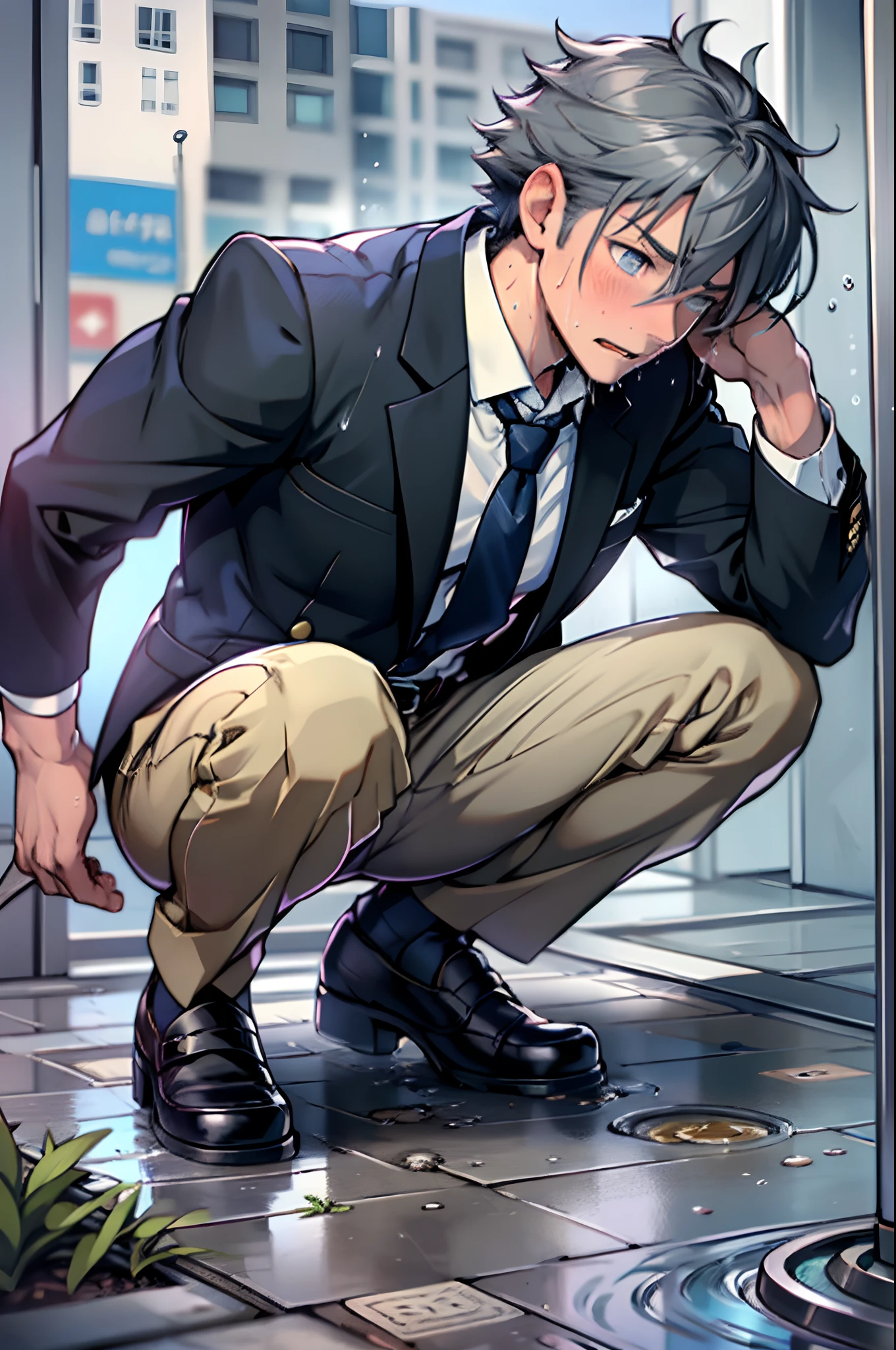 （1 Adult male），A high resolution， Sharp focus， Pixiv masterpiece， （（Complicated details））， highly  detailed， natsuki_subaru，Suit pants， 1 man，is shy，Pee on the legs，pissing，Urine runs down the thighs，embarressed，exhilarated，is shocked，panicking，worry，A small puddle of their own urine forms around the feet，full bodyesbian，kneels on the ground，Very eager to pee，Wet yourself，Urine discharge， Sweaty crotch，Drenched，rain，The shirt is soaked，，blue color eyes（eyes glowing）， Short gray hair，white  shirt，Wear a tie，Wear a belt，Black suit trousers，