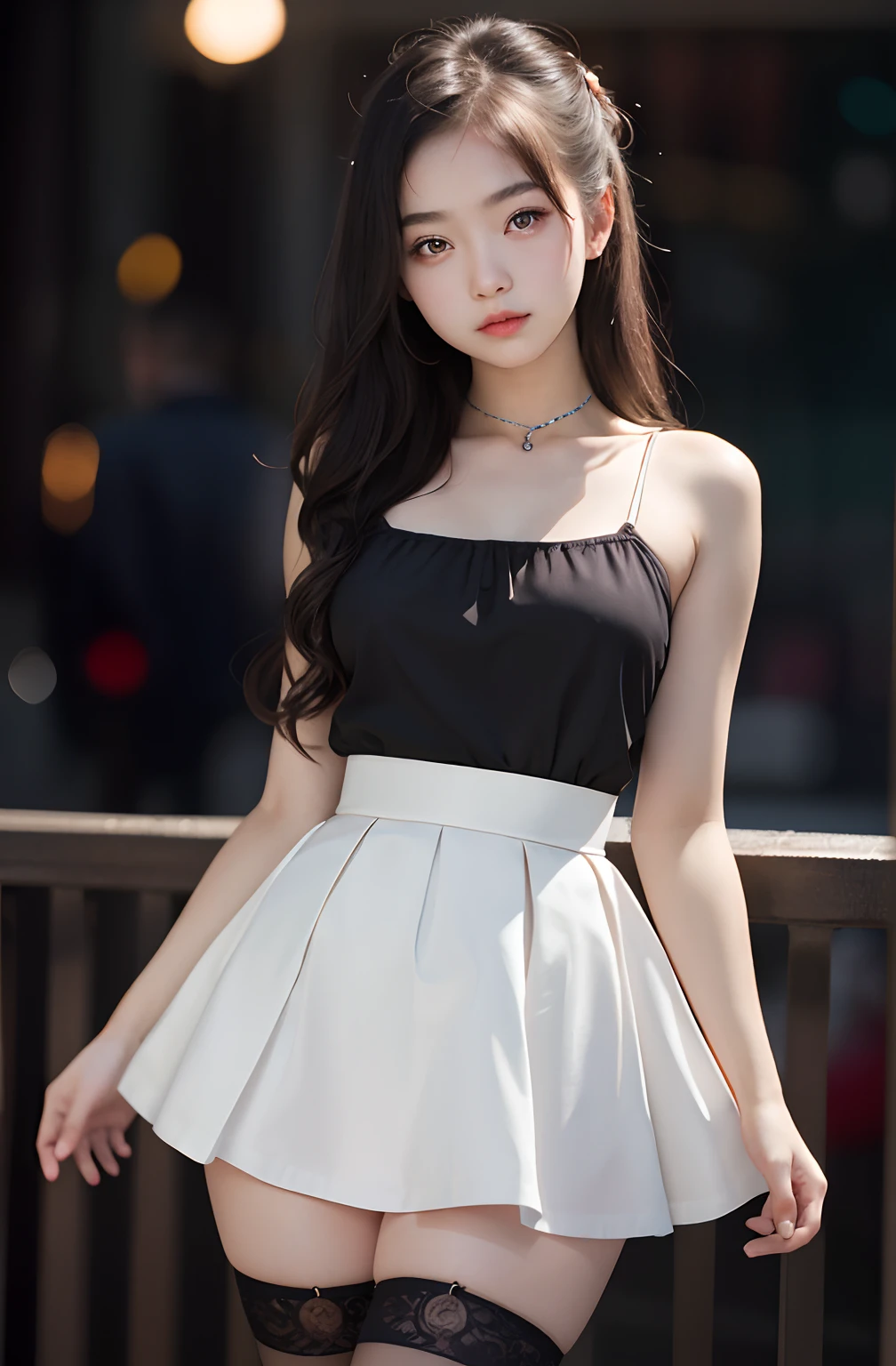 1girl, cute, 16 years old, seductive expression, look at viewer, spaghetti strap top ,high waist micro skirt, photo, realistic, best quality, hires, detailed face, detailed background, diffused lighting, depth of field, bokeh, thighhighs