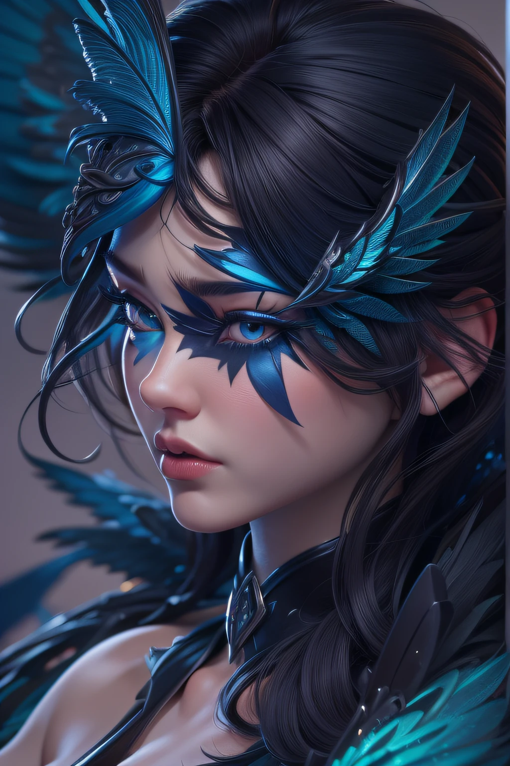 there is a beautiful girl, wearing a suit, with big wing, black and blue, Ultra detail, high resolution, super detail, best quality, 8k