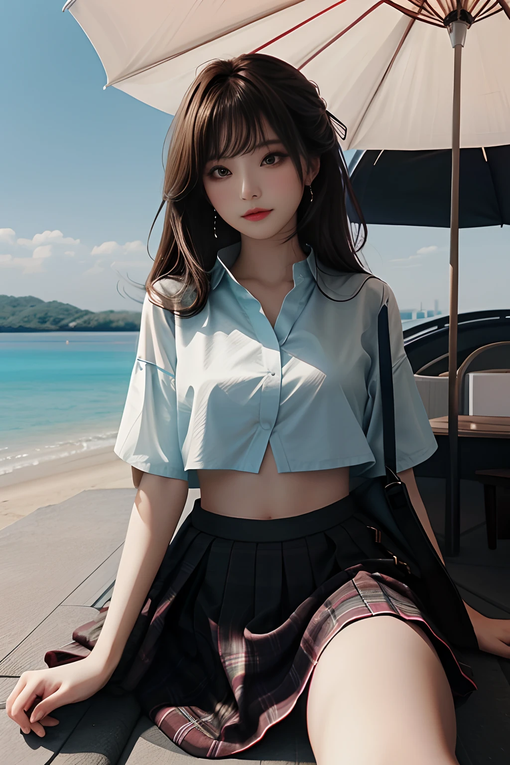 tmasterpiece, Best quality at best, 1girll, from below, underboobs, mediuml breasts, loose skirt, Crop top shirt, brunette color hair, 黑The eye,Japan Woman,Bottom-up perspective