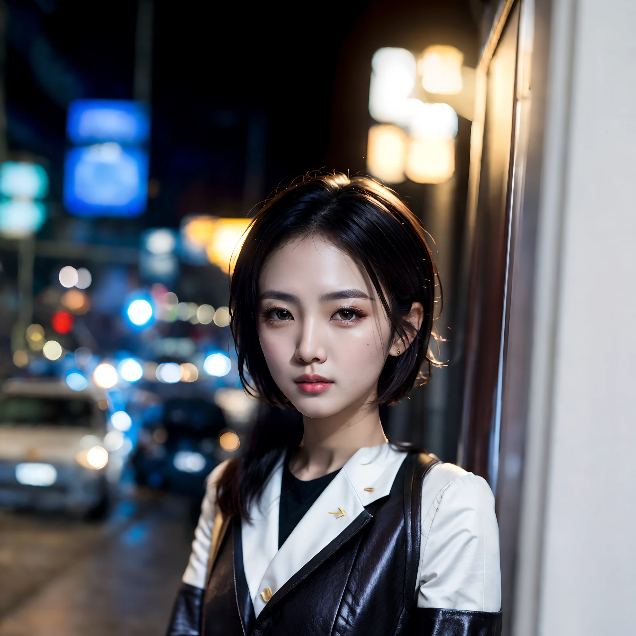 There is a woman standing in the street at night, With short hair, Gorgeous young Korean woman, Beautiful young Korean woman, taken with canon eos 5 d mark iv, a young asian woman, beautiful Korean women, 8k artgerm bokeh, taken with sigma 2 0 mm f 1. 4, photo taken with sony a7r