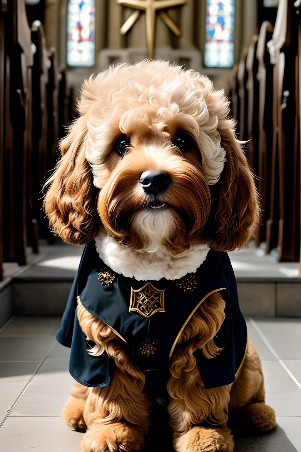 (solo:1.1), standing inside a church (Cavoodle:1) as (Cavoodle wearing wizard mage), black clothes Cavoodle, medieval, cute tiny hyper realistic  Anime, cute Cavoodle and cute puppy adorable and fluffy,  medium shot, mid shot Cavoodle, (((masterpiece)))