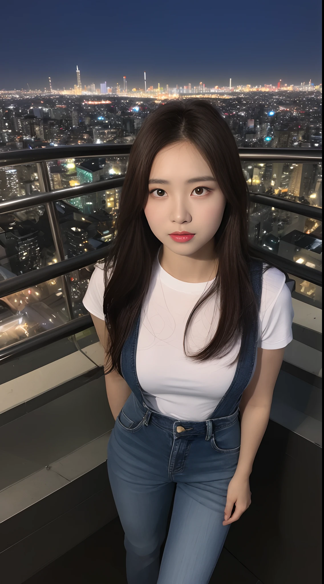 ((Midnight, Best quality, 8k, Masterpiece :1.3)), Whole body, Long legs, Sharp focus :1.2, A pretty woman with perfect figure :1.4, Slender abs :1.1, ((Dark brown hair, Big breasts :1.2)), (White tight tshirt, Jean bib, Standing:1.2), ((Night city view, Rooftop:1.3)), Highly detailed face and skin texture, Detailed eyes, Double eyelid