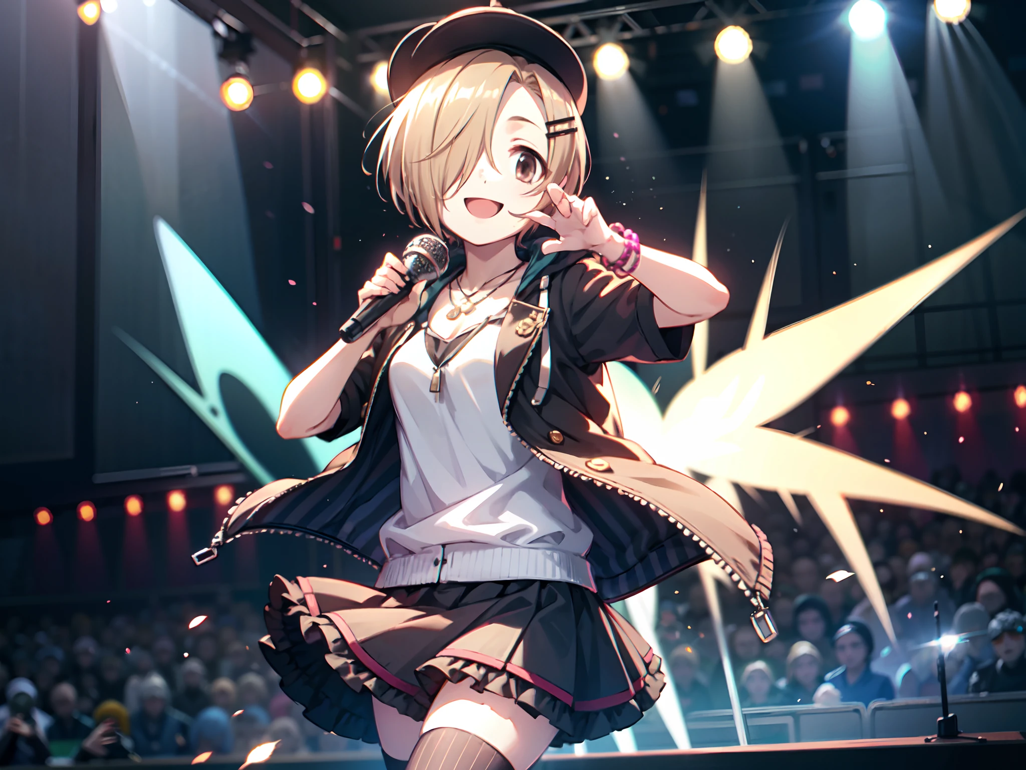 (masterpiece:1.3), (high-resolution, RAW,realistic:1.2), (best quality:1.2), (soft light:1.0) BREAK
shirasaka koume, (1girl, solo),
smile, short hair, blonde hair, brown eyes,
skirt, hair ornament, thighhighs, hat,  jewelry, jacket, white shirt, short sleeves, :d, frills, open clothes, shoes, hairclip, striped, hood, necklace, hair over one eye, bracelet, open jacket, hoodie, hood down, frilled skirt, 
(on the stage, (holding microphone:1.3), sing),reach a large audience, 
highest quality, realistic lighting, light particles, intricate (high detail:1.3), masterpiece,