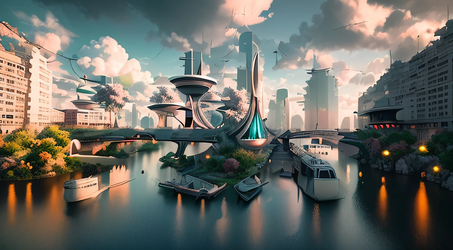 A painting of a futuristic city with a bridge and a river, 3 d render beeple, inspired by Mike Winkelmann, inspired by Mike "beeple" Winkelmann, in the style of beeple, recusion beeple, arstation and beeple highly, style hybrid mix of beeple, inspired by Beeple