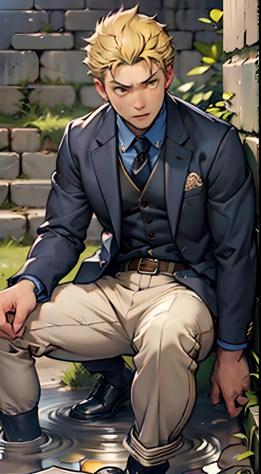A3R1, Hector Fey ,Look more at the upper body,Pants view,legs separated,A3R1,pissing,Pee yourself,His own urine ran down his thighs,perfect male figure, Aerith Gainsborough ,Put your hands in your trouser pockets,Pee from his legs,yellow eyes,Surrounded by other people, Stand in a very dirty medieval castle,and the sun was shining brightly,Wear a tie,wearing leather belt,Long Sleeve White Shirt,(The shirt is soaked),Short yellow hair,perspire,Black suit trousers,dress shoes,Nervously bow your head,is shy,embarressed,Defeat,is shocked,panicking,worry,exteriors,On dry ground, A small puddle of his own urine formed around his feet,Very eager to pee,Wet yourself,Urine discharge,high detal,hentail realism,ultra-realistic realism,three sided view, A masterpiece of careful planning,A high resolution, hyper HD ,anatomy correct,super detailing,best qualtiy,A high resolution,8K