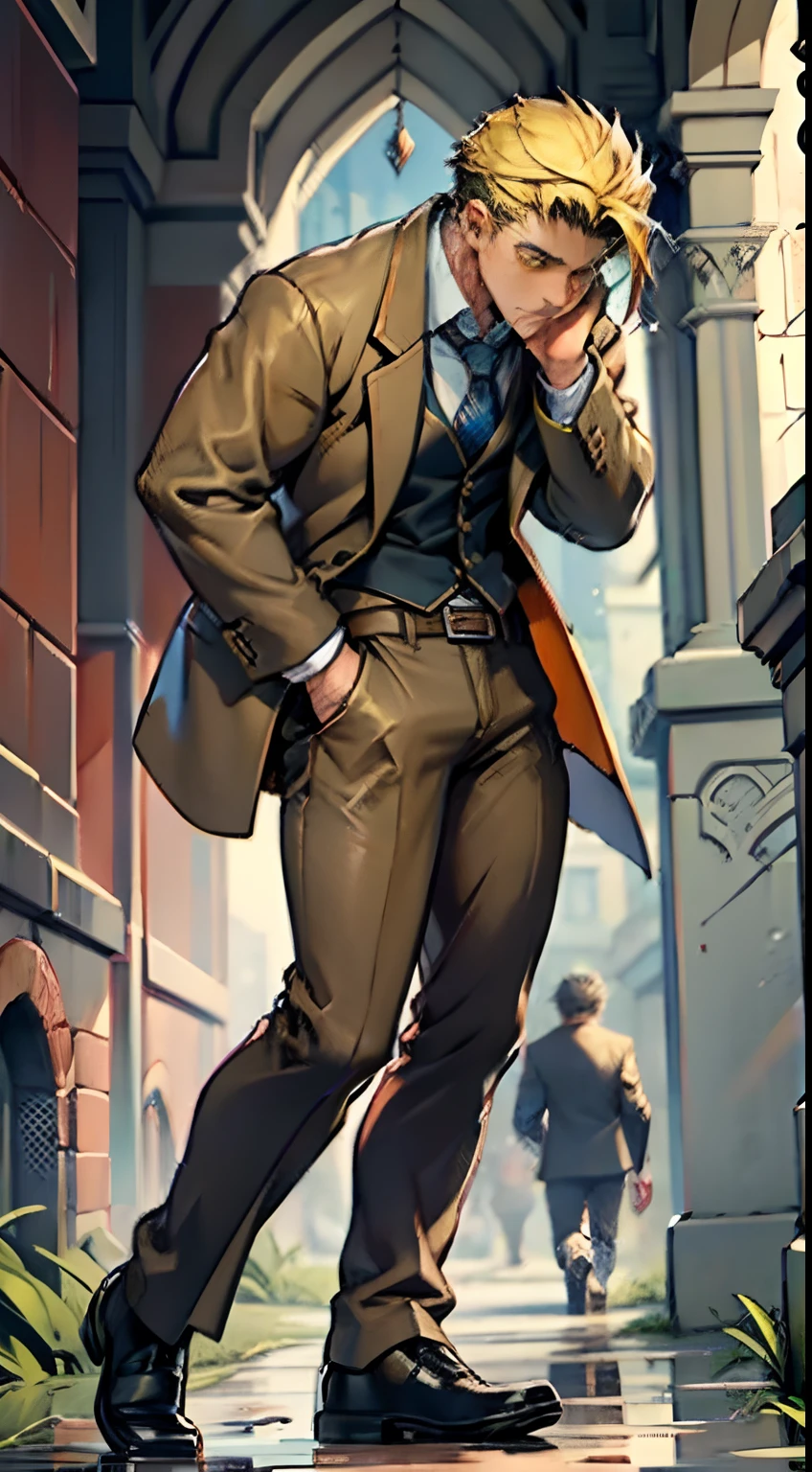 A3R1, Hector Fey ，Look more at the upper body，Pants view，legs separated，A3R1,pissing，Pee yourself，His own urine ran down his thighs，perfect male figure， Aerith Gainsborough ,Put your hands in your trouser pockets，Pee from his legs，yellow eyes，Surrounded by other people， Stand in a very dirty medieval castle，and the sun was shining brightly，Wear a tie，wearing leather belt，Long Sleeve White Shirt，（The shirt is soaked），Short yellow hair，perspire，Black suit trousers，dress shoes，Nervously bow your head，is shy，embarressed，Defeat，is shocked，panicking，worry，exteriors，On dry ground， A small puddle of his own urine formed around his feet，Very eager to pee，Wet yourself，Urine discharge，high detal，hentail realism，ultra-realistic realism，three sided view， A masterpiece of careful planning，A high resolution， hyper HD ，anatomy correct，super detailing，best qualtiy，A high resolution，8K