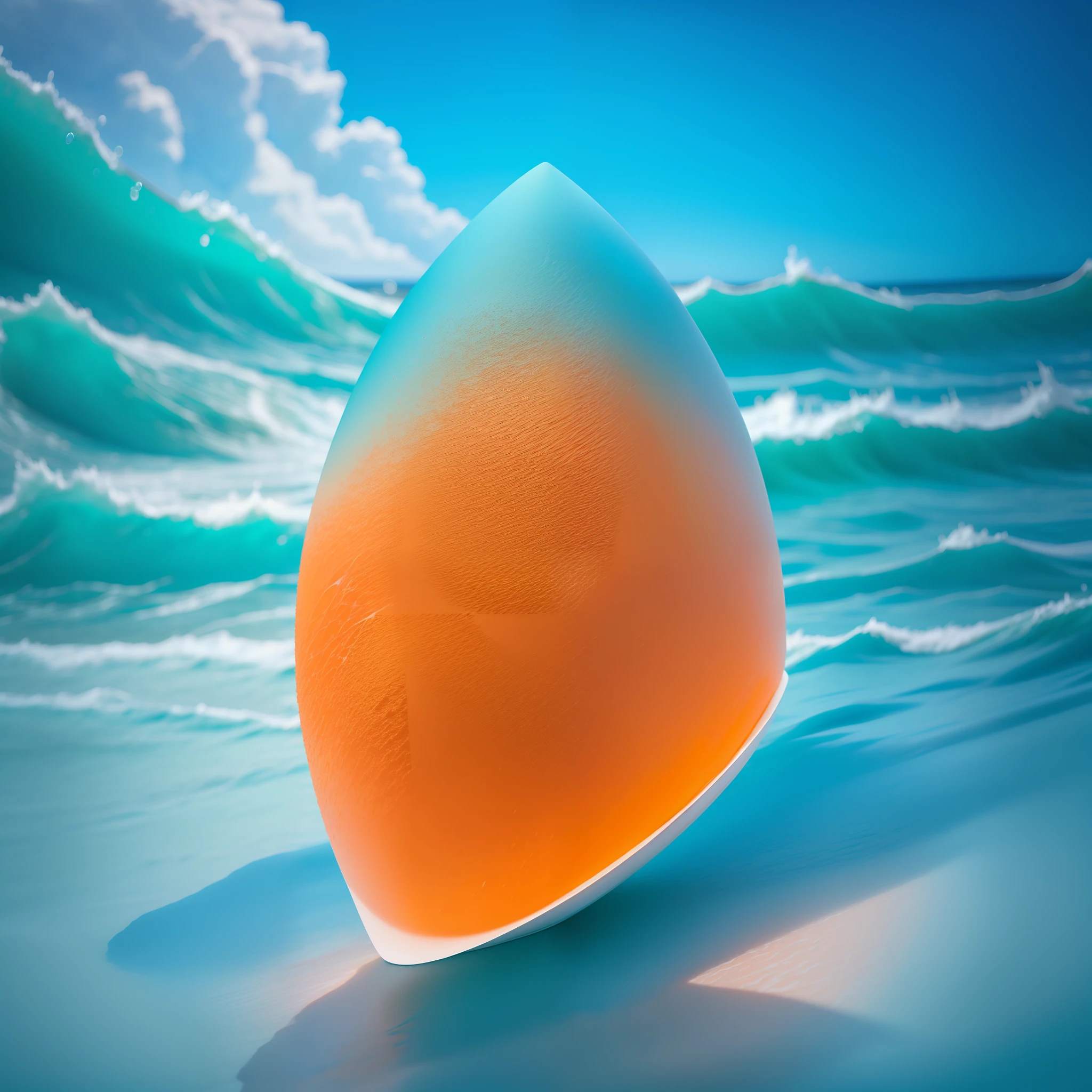An orange puff cotton,In the ocean scene,There are waves,natural lightting,Quiet blue,Colorful embellishments,commerciaphotography,telephoto lenses