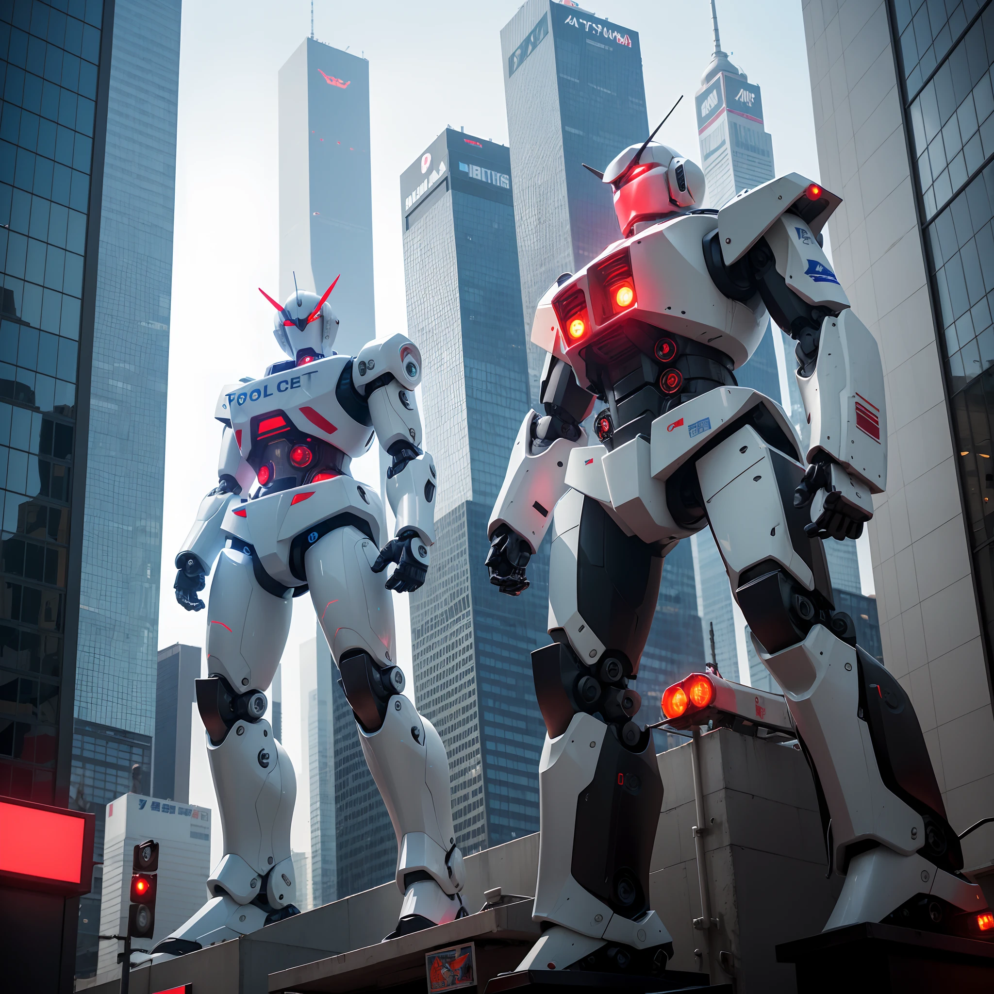 jpn、TOKYOcty、akihabara、Giant robot standing upright、Ingram of Patlabor、((A giant robot with a police motif))、((The body color of the robot is white and black))、((The word POLICE is printed on the body of the robot))、((Patlite parts are attached to the robot body))、((Red LED parts are attached to the robot body))、((Handgun in one hand))、Skyscraper District