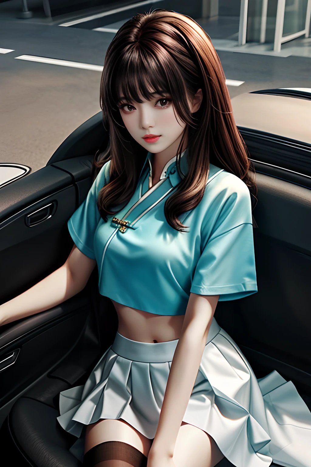 tmasterpiece, Best quality at best, 1girll, from the above, Upper chest, mediuml breasts, Loose skirt, Crop tops, brunette color hair, 黑The eye,Chinese woman,Top-to-bottom perspective,