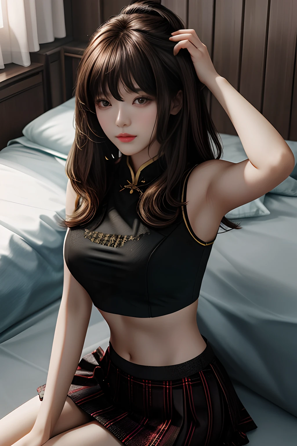 tmasterpiece, Best quality at best, 1girll, from the above, Upper chest, mediuml breasts, Loose skirt, Crop tops, brunette color hair, 黑The eye,Chinese woman,Top-to-bottom perspective,