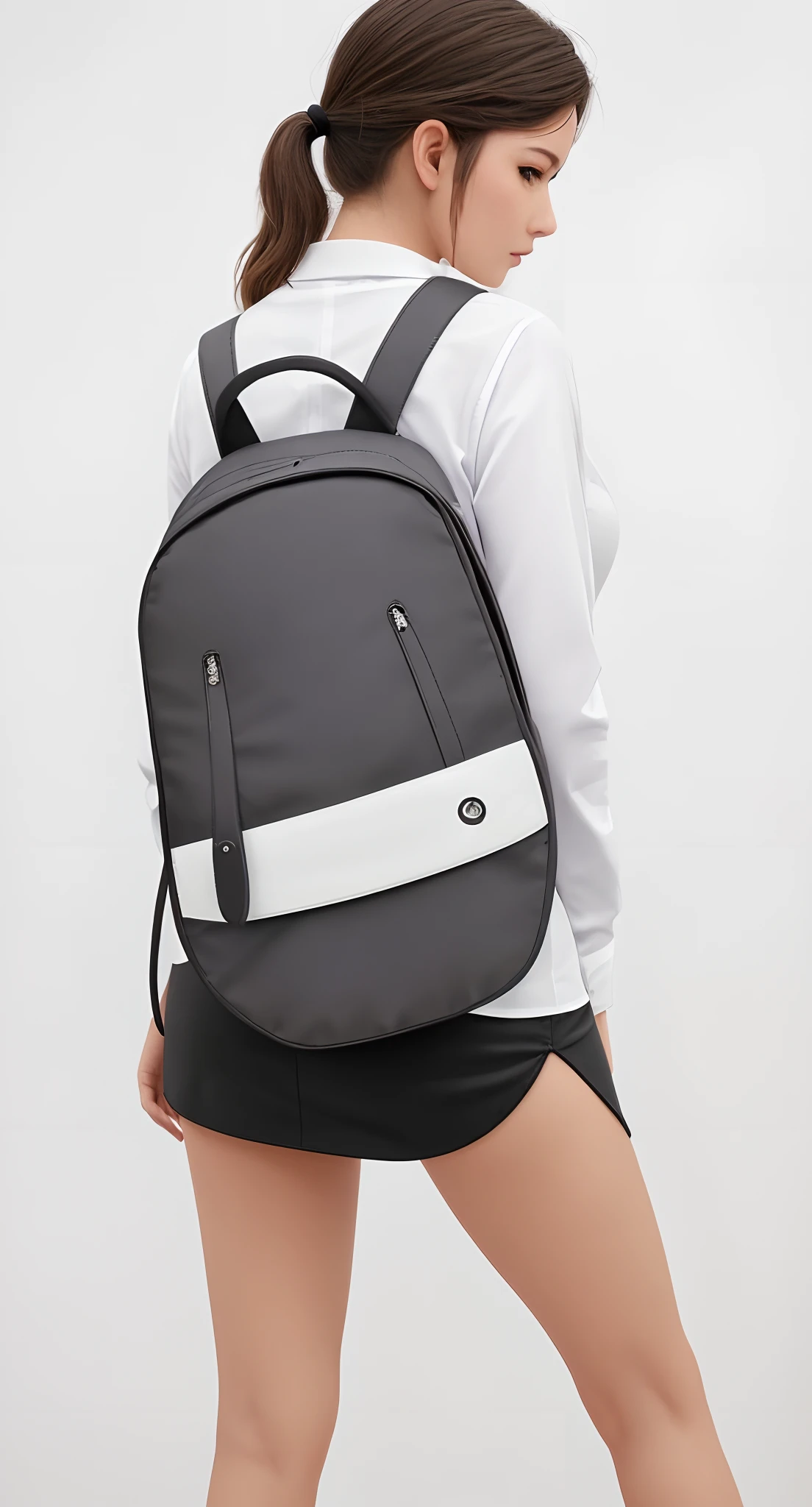 A woman in a white shirt and black skirt is carrying a backpack, mochila, uma mochila, com uma mochila, mochila escolar, com dois bolsos frontais, mochila quadrada, Sacos, Acentos escuros, foi', solid ash, Nice huge hardware bags, tela cinza, dois - tom, detalhes sutis, Fotografia de paisagem, um homem usando uma mochila, medium details, sharpened details