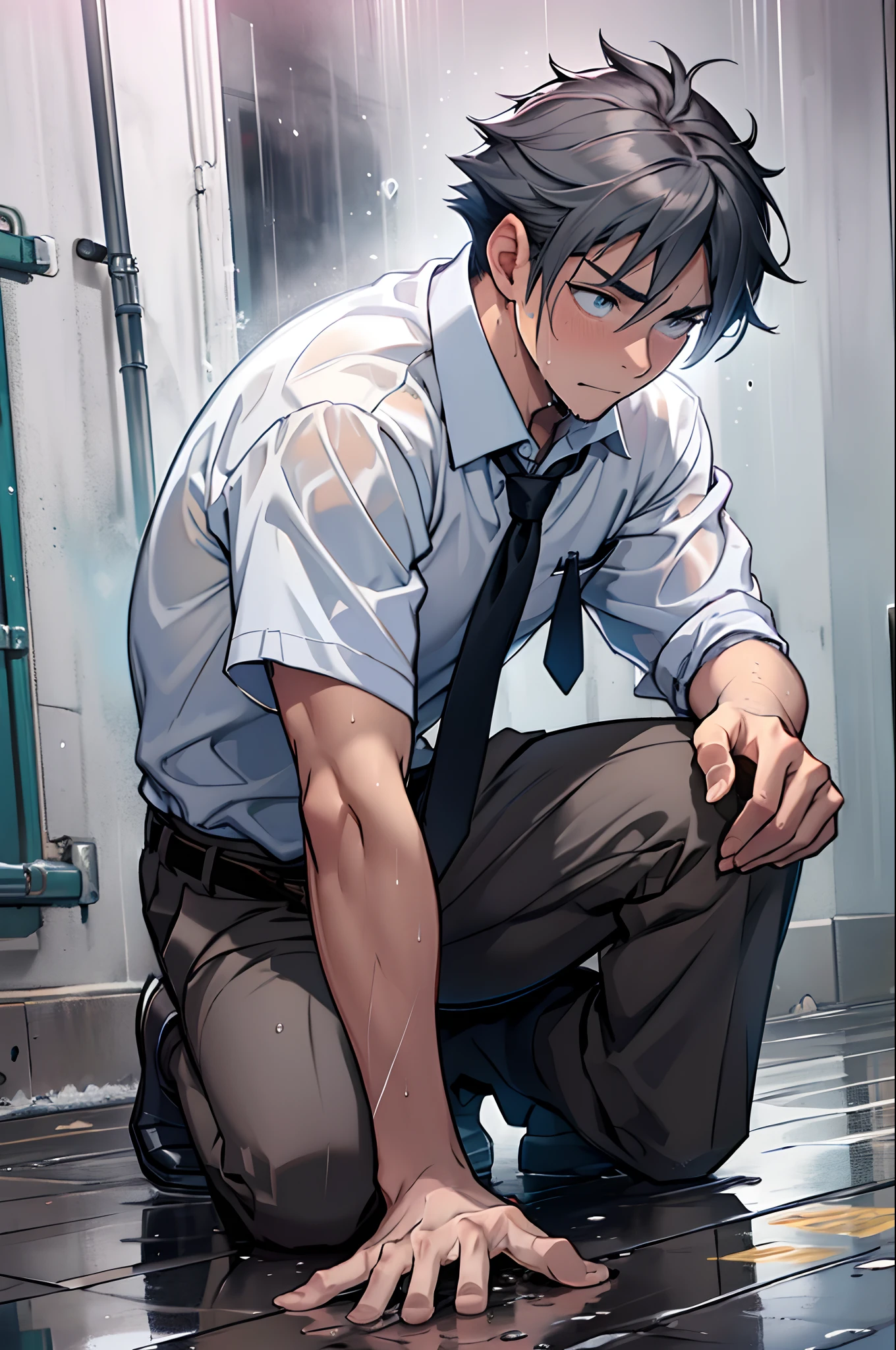 (1 Adult male),A high resolution, Sharp focus, Pixiv masterpiece, ((Complicated details)), highly detailed, natsuki_subaru,Multi-view upper body,Suit pants view, 1 man,is shy,Pee on the legs,pissing,Urine runs down the thighs,embarressed,exhilarated,is shocked,panicking,worry,A small puddle of their own urine forms around the feet,full bodyesbian,kneels on the ground,Very eager to pee,It's uncomfortable,Wet yourself,Urine discharge, Sweaty crotch,Drenched,rain,The shirt is soaked,(A gesture of pleading),blue color eyes(eyes glowing), Short gray hair,white shirt,Wear a tie,Wear a belt,Black suit trousers,perspire,look from down