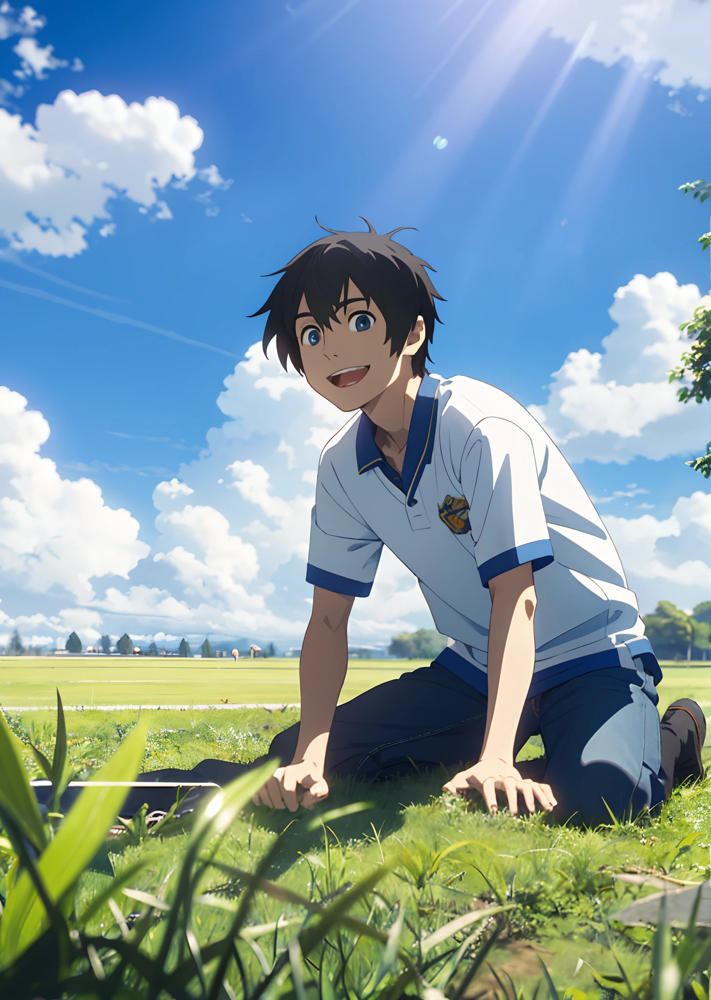 grassy fields,rays of sunshine,with blue sky and white clouds,Libido boy,ssmile,pure,ren,18yr old,love,largeeyes,二重まぶた,relaxed,