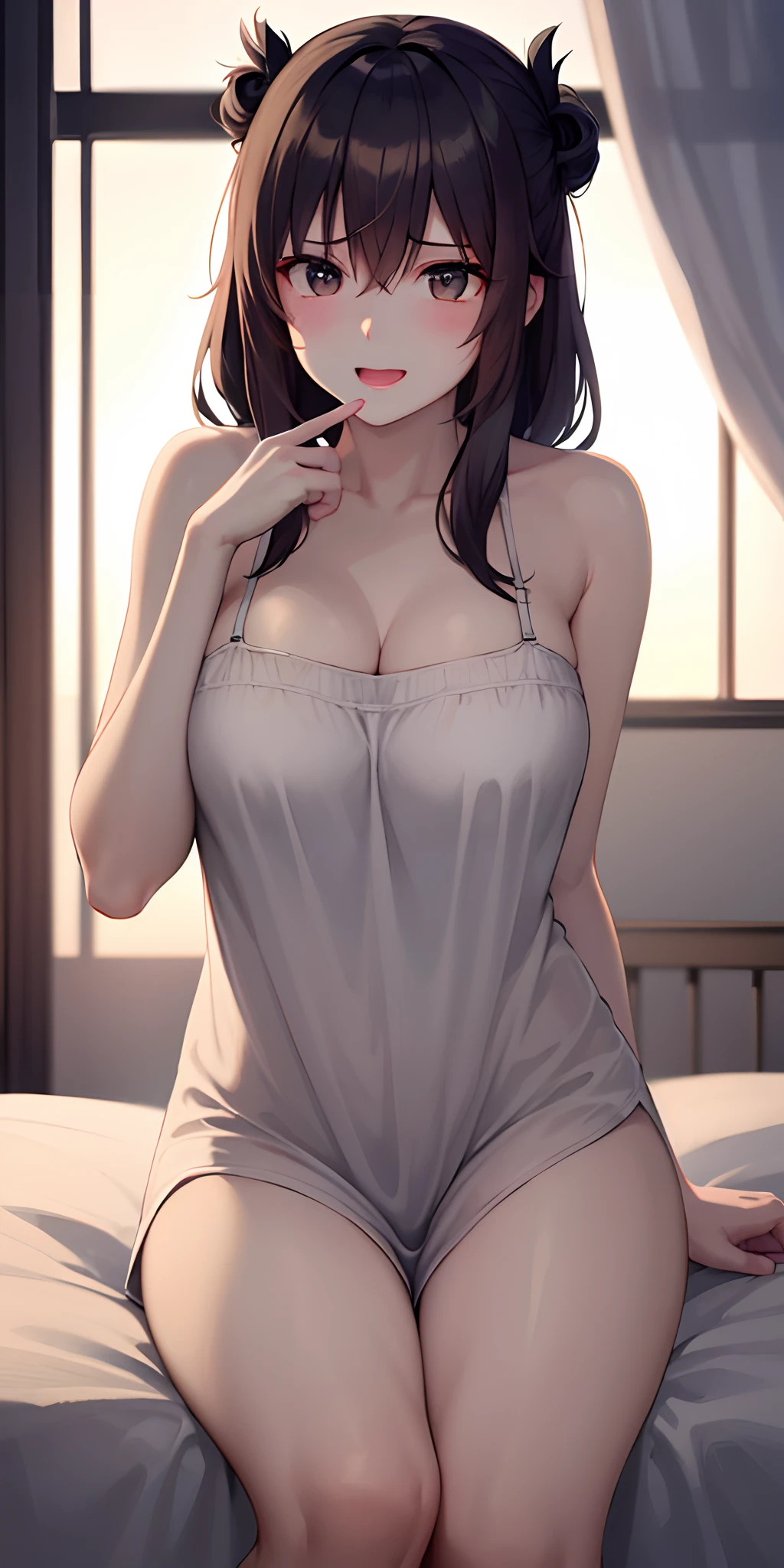 A girl lies in bed,the breasts are large,legs are open,The girl's face flushed,Fully naked,Something is stuck in the clitoral part,The girl showed an expression of enjoyment