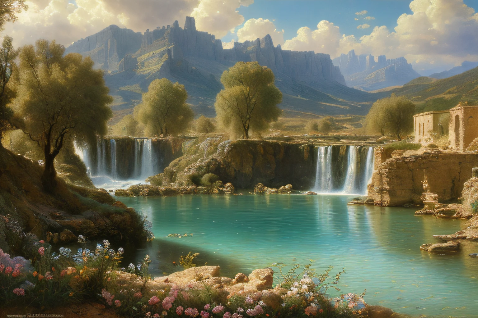 Paysage, Eau, (Highly detailed CG Unit 8k wallpaper), The most beautiful work of art in the world, Professional majestic oil painting, complexe, High detail, mise au point nette, dramatique, Art of photorealist painting, alma tadema