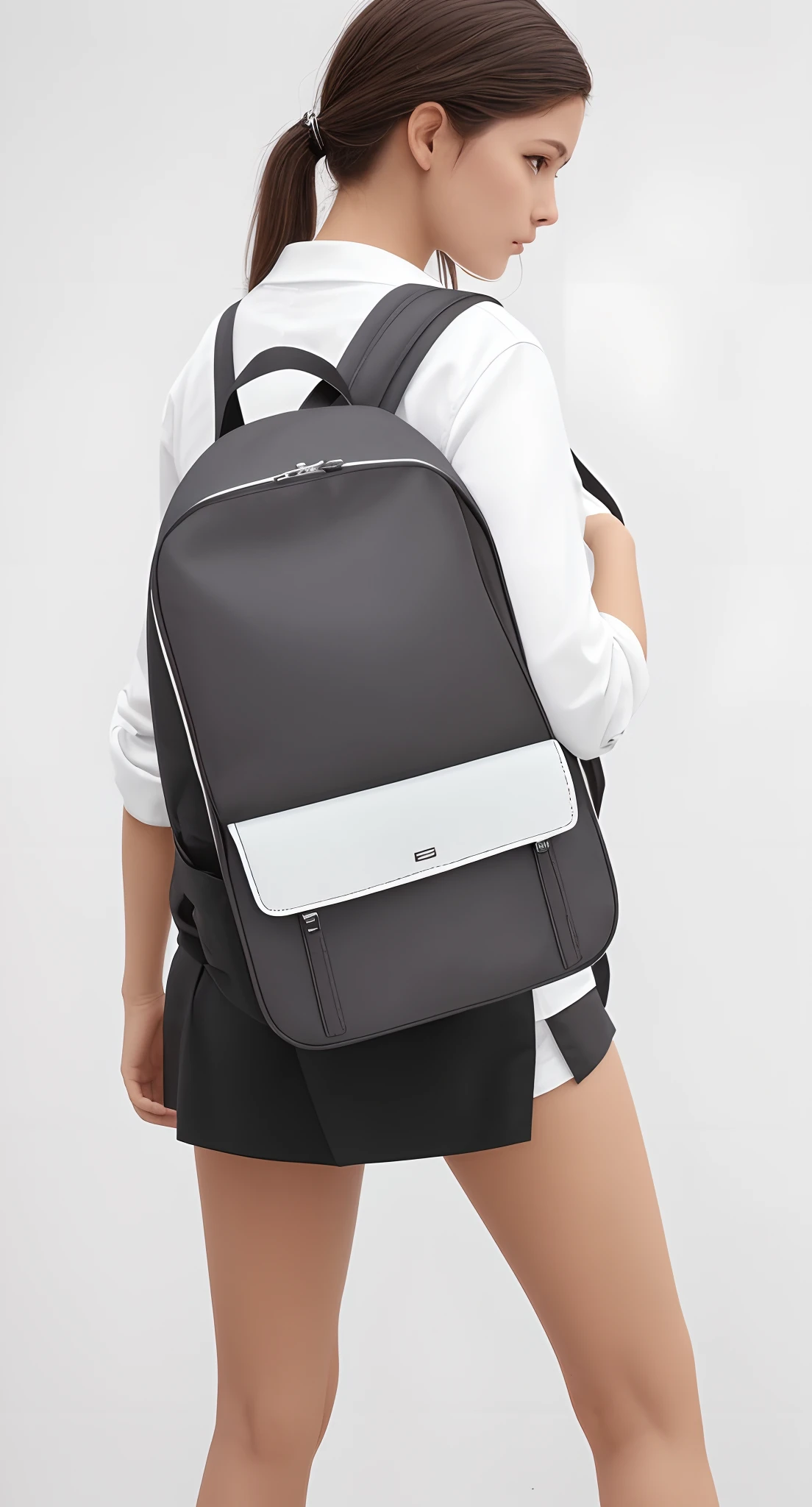 A woman in a white shirt and black skirt is carrying a backpack, mochila, uma mochila, com uma mochila, mochila escolar, com dois bolsos frontais, mochila quadrada, Sacos, Acentos escuros, foi', solid ash, Nice huge hardware bags, tela cinza, dois - tom, detalhes sutis, Fotografia de paisagem, um homem usando uma mochila, medium details, sharpened details