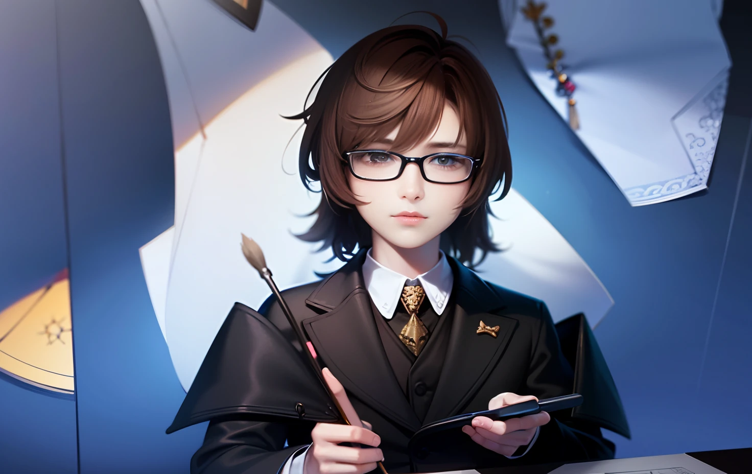 1boy, sitting on the chiar, sitting in a chair wearing headphones, wear glasses, brown hair, 
(masterpiece:1,2),best quality,masterpiece,highres,original,extremely detailed wallpaper,perfect lighting,(extremely detremely detailed CG:1.2),drawing,paintbrush,