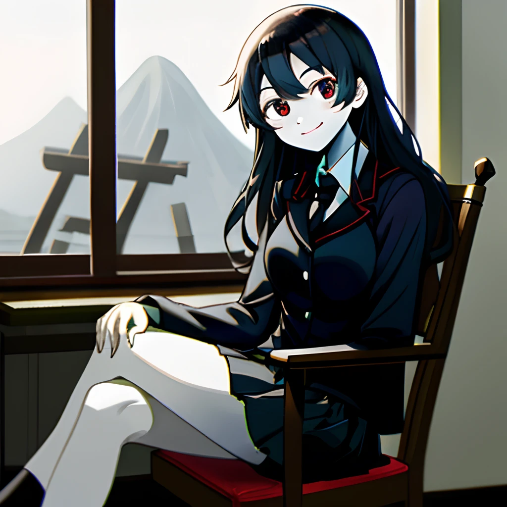 Mai Sakurajima, sitting in a chair in a room, pale light, smiling, wearing a school uniform